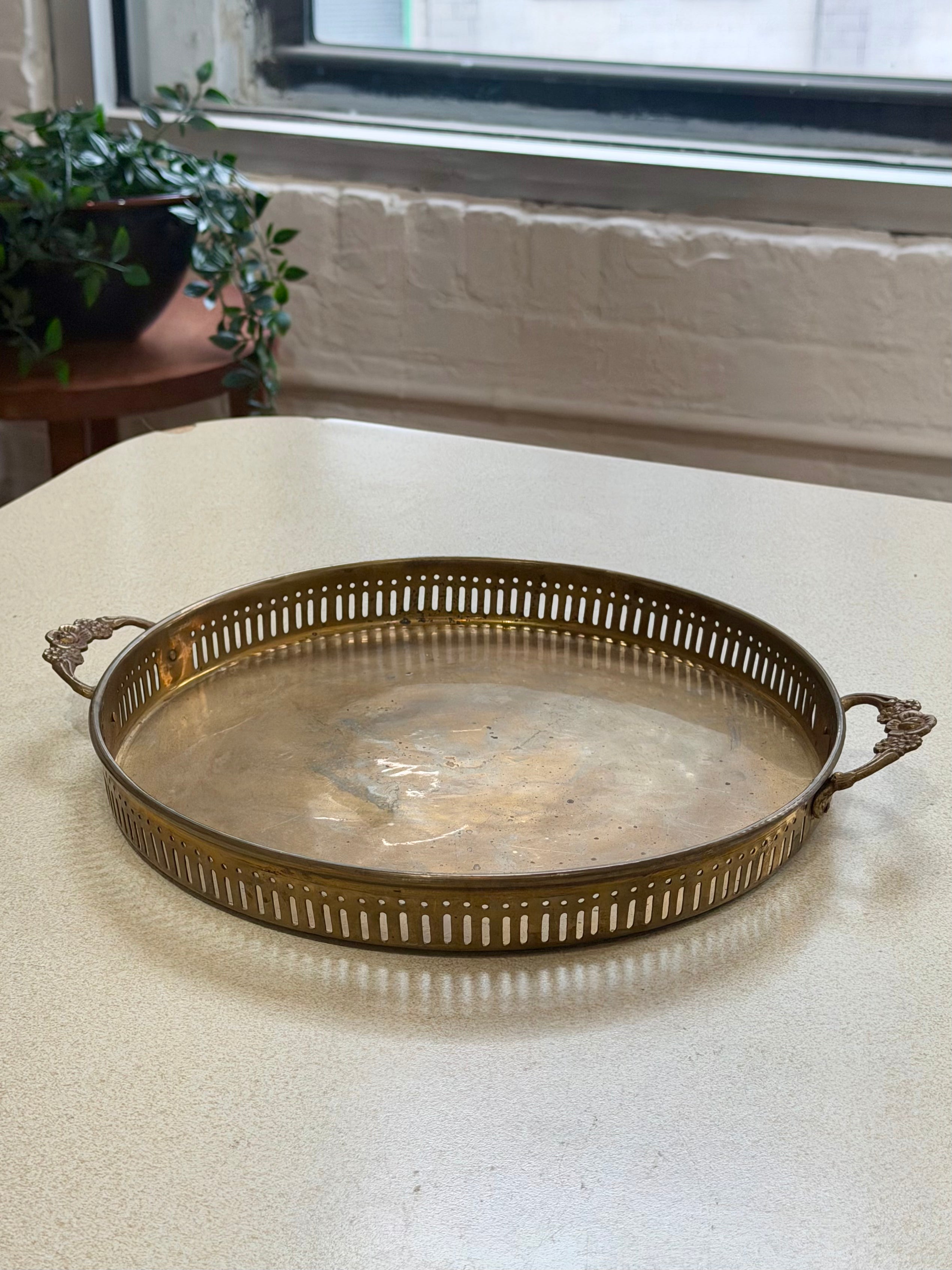 Brass Serving Tray with Floral Handles