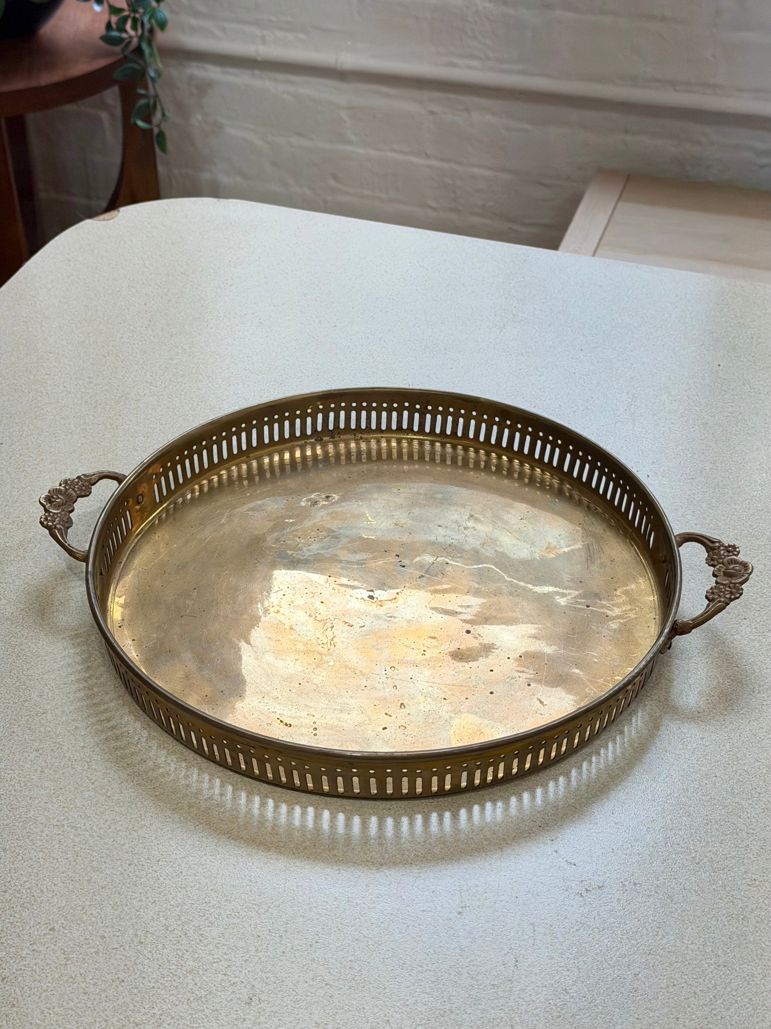 Brass Serving Tray with Floral Handles