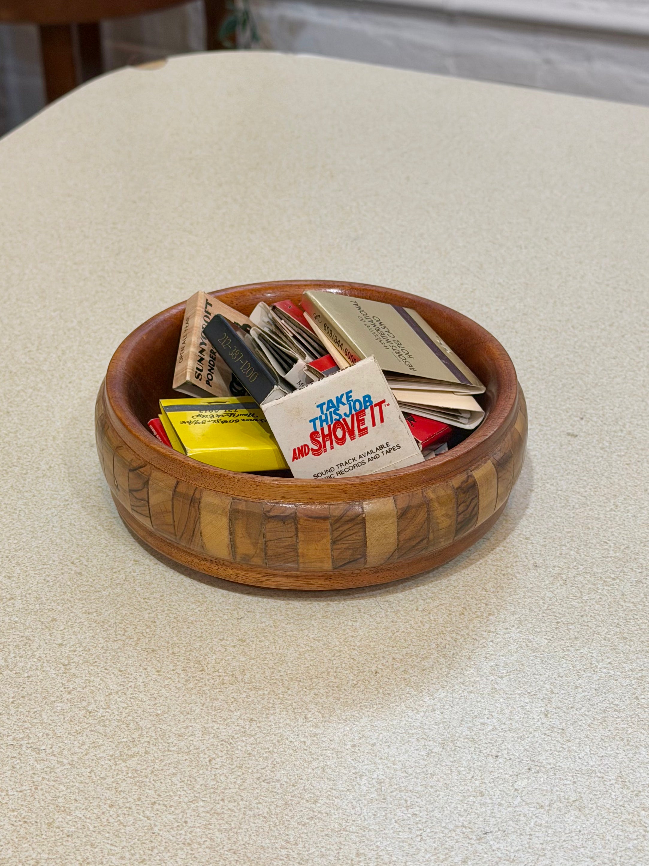 Mid Century Handmade Wooden Inlaid Bowl