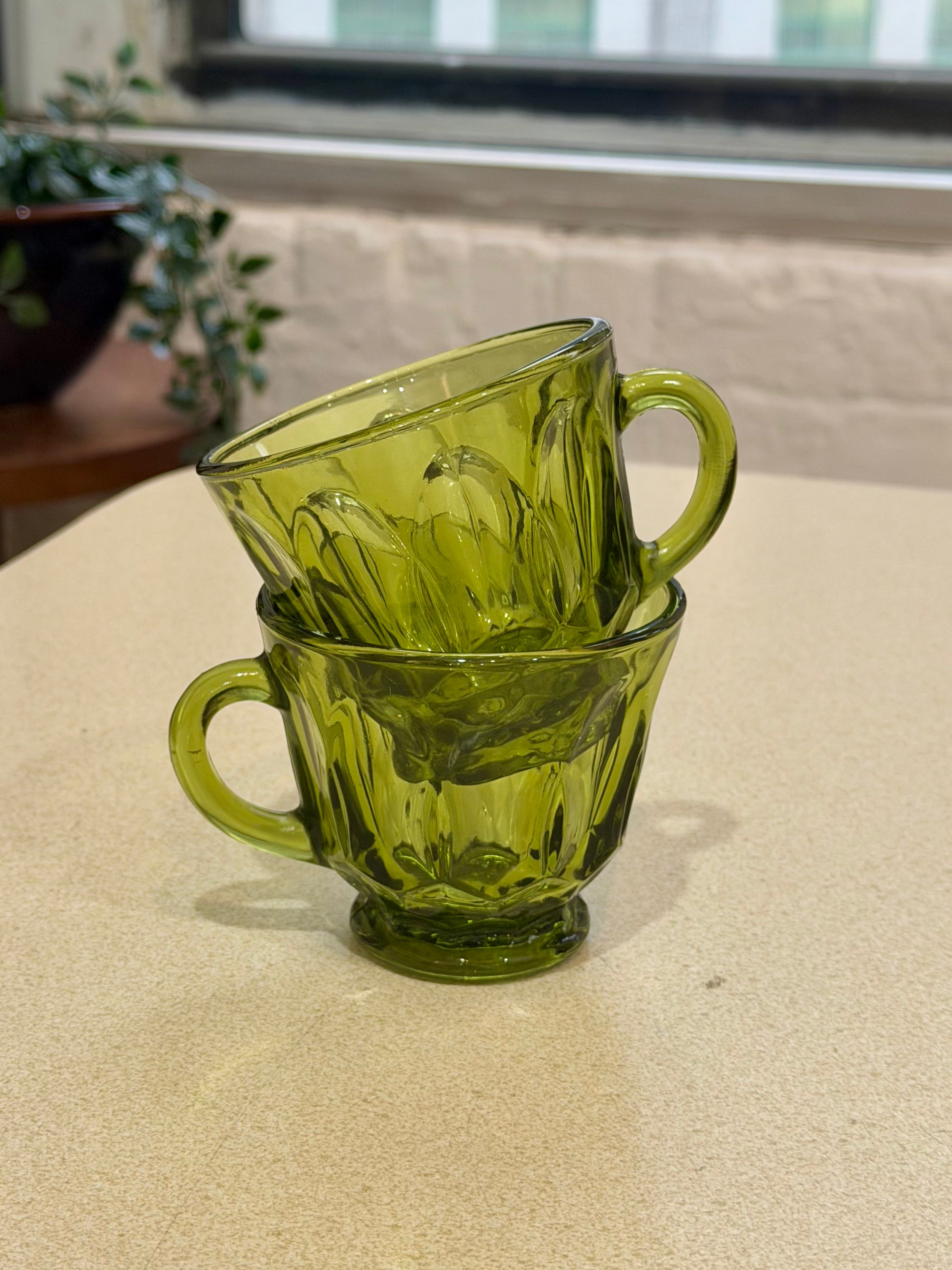 Anchor Hocking Fairfield Avocado Green Glass Mugs