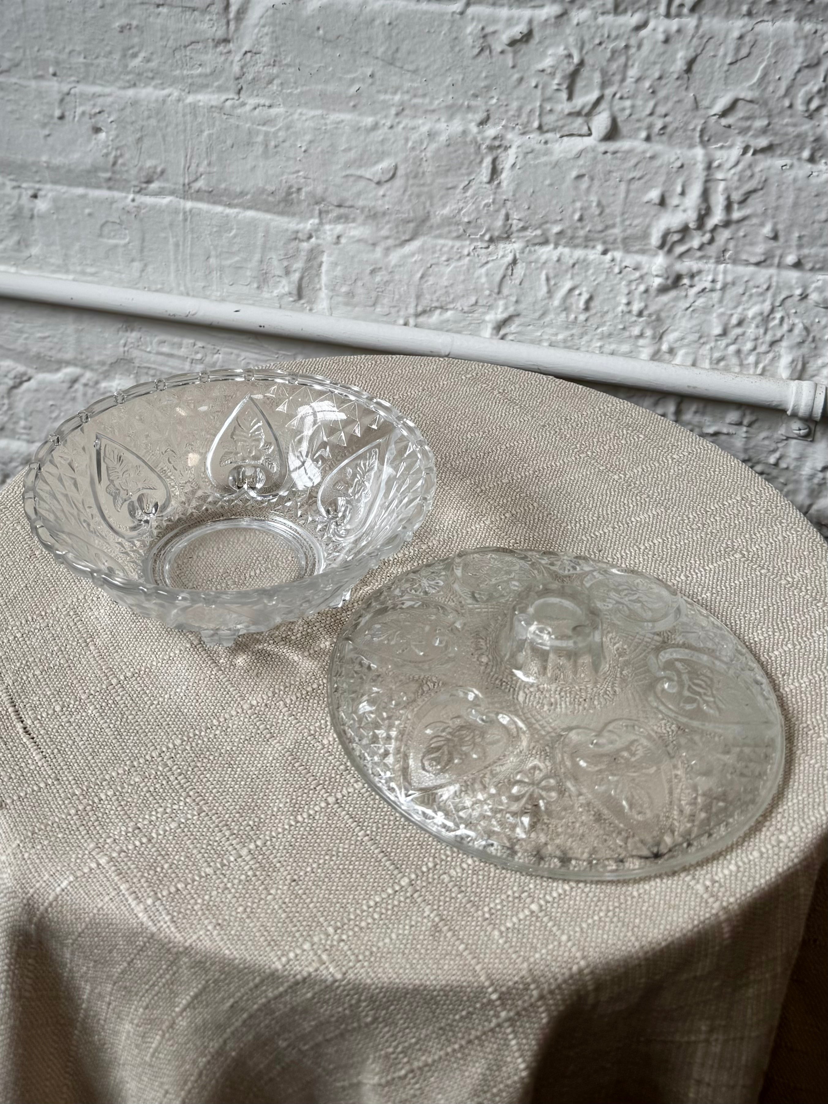 Vintage Pressed Glass Floral Etched Lidded Candy Dish