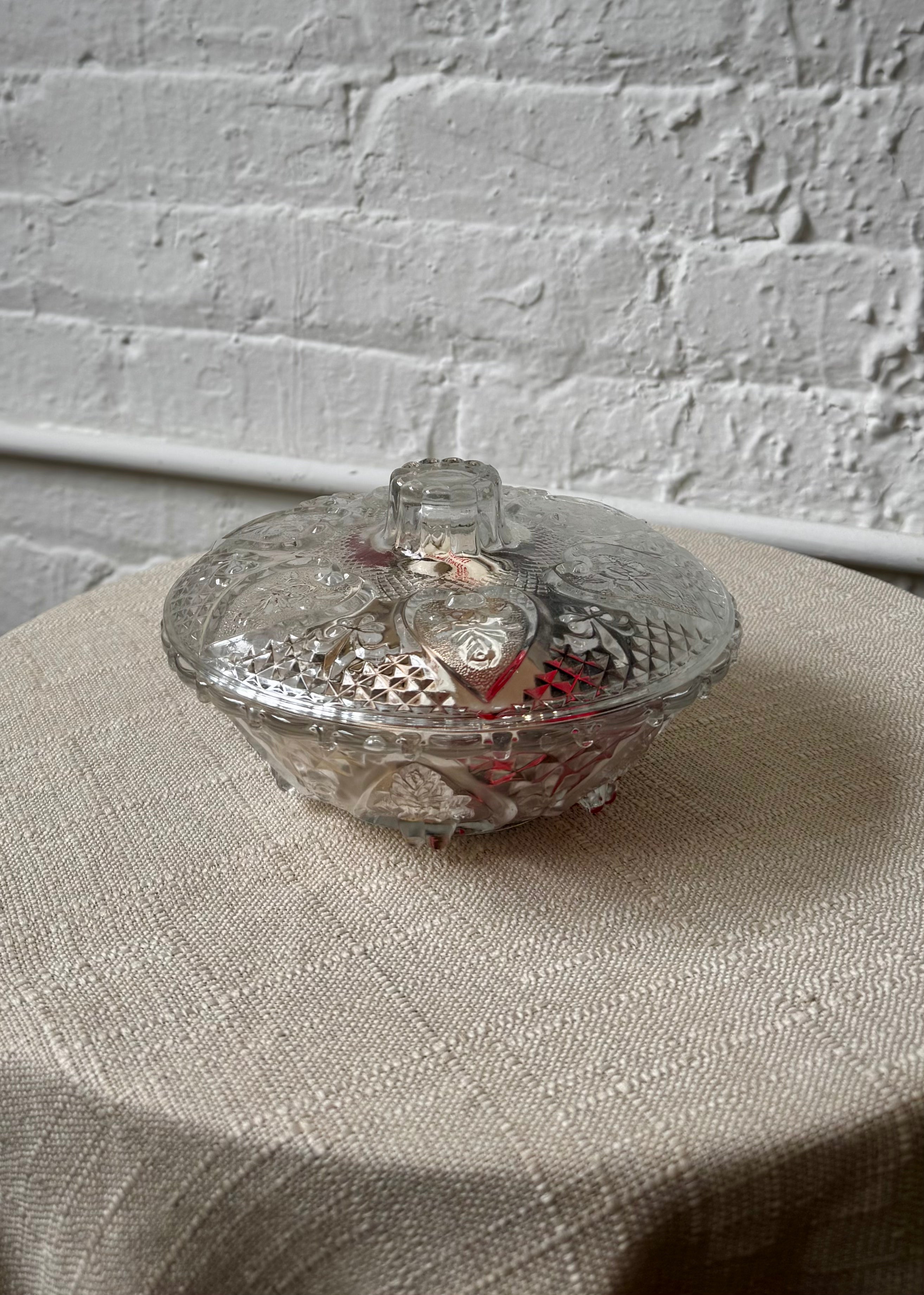 Vintage Pressed Glass Floral Etched Lidded Candy Dish