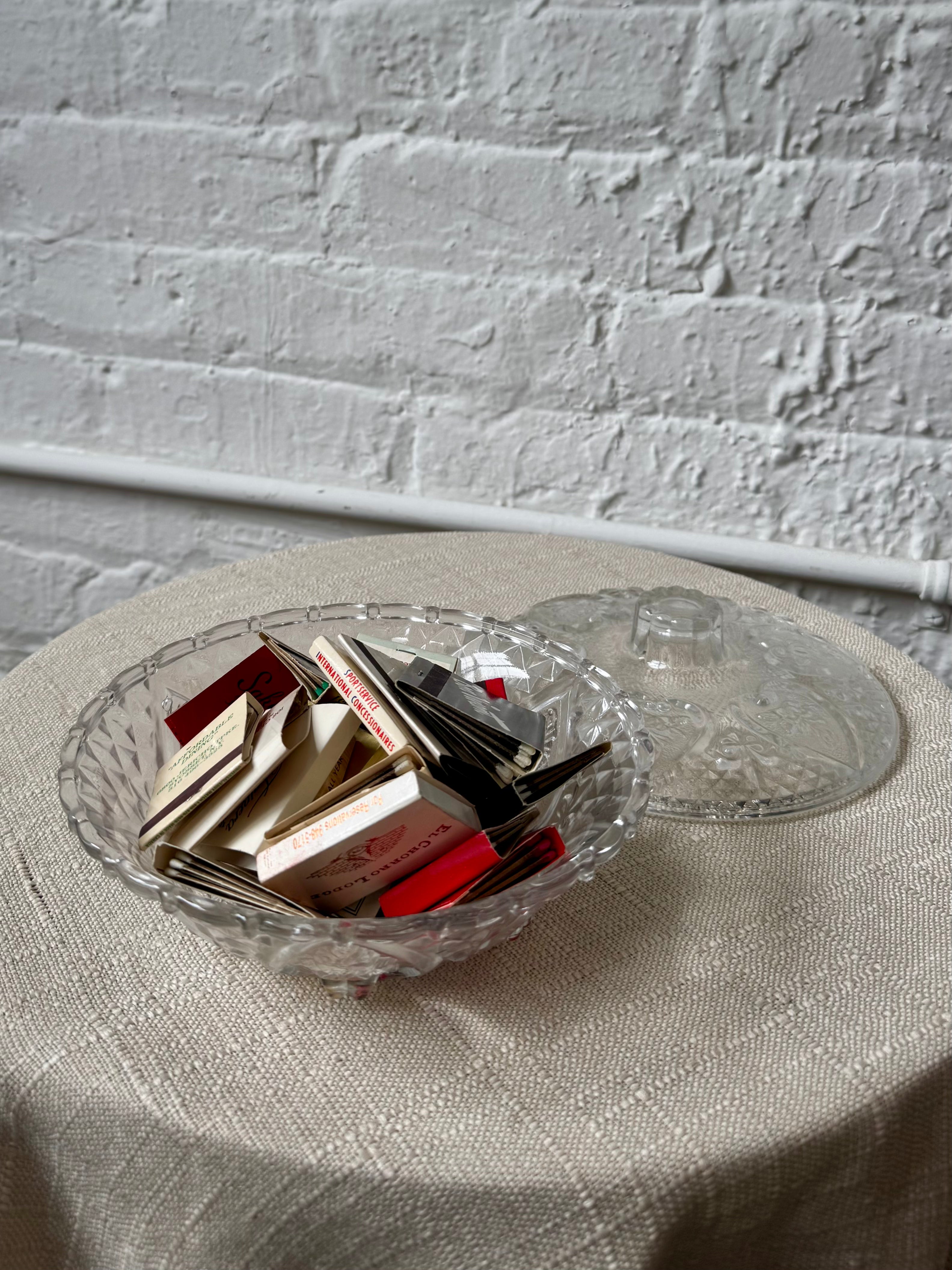 Vintage Pressed Glass Floral Etched Lidded Candy Dish