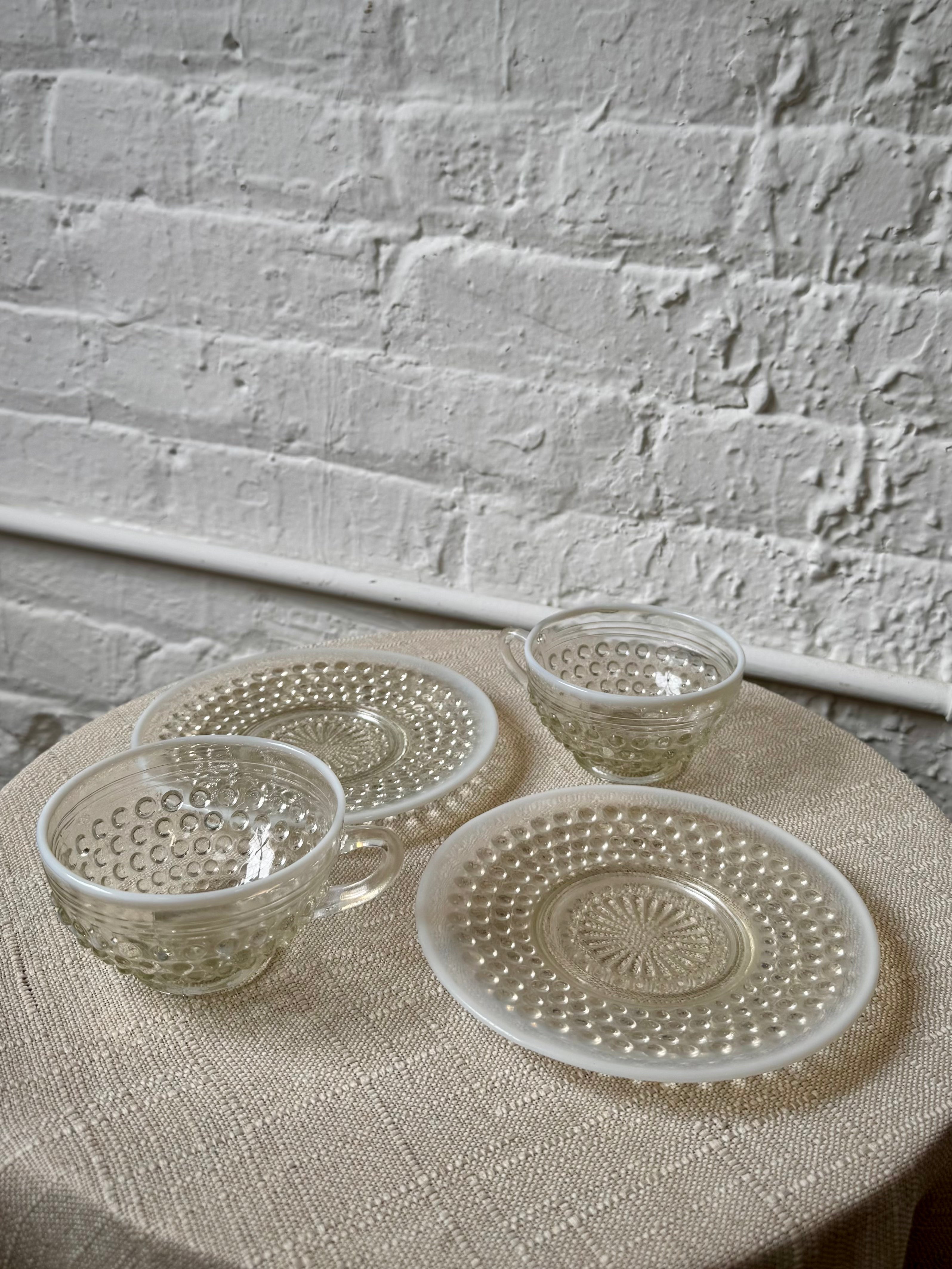 Vintage Moonstone Hobnail Glass Teacup and Saucer Set