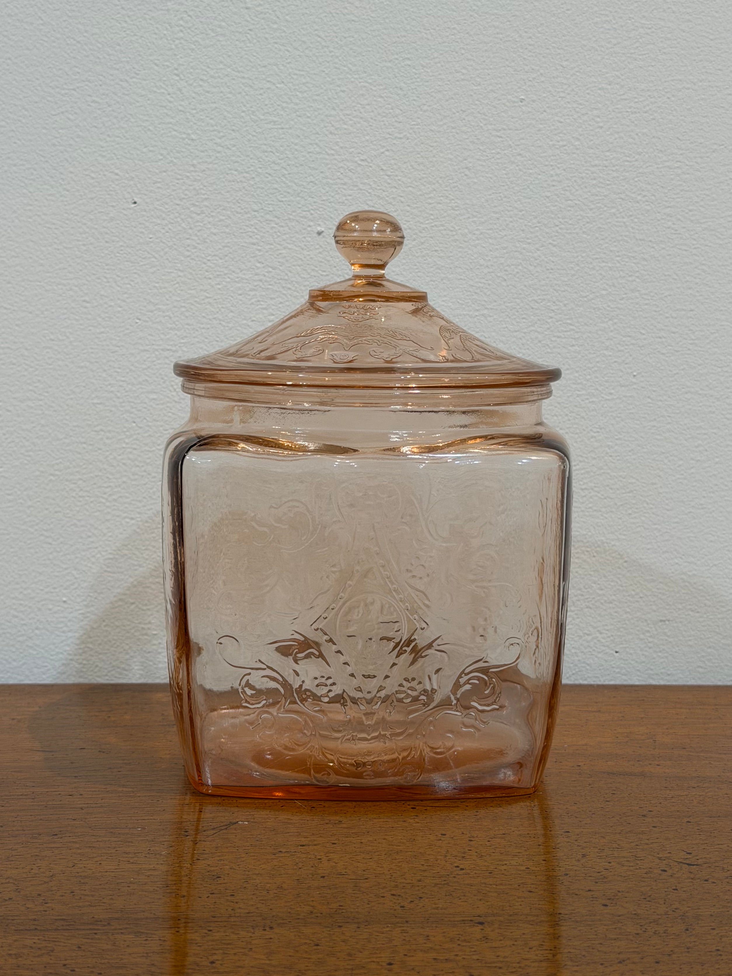 Pink Depression Era Etched Glass Lidded Jar