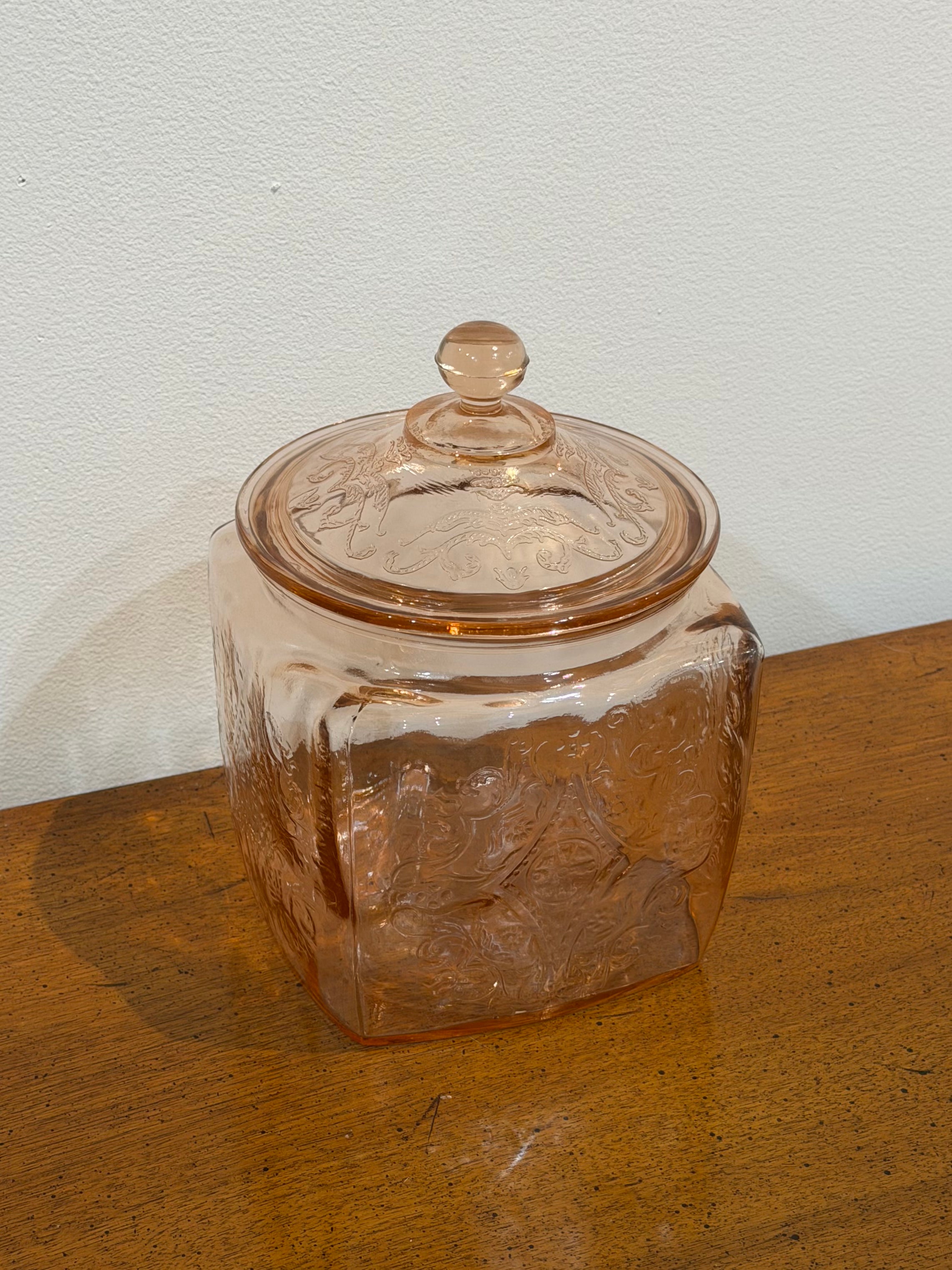 Pink Depression Era Etched Glass Lidded Jar