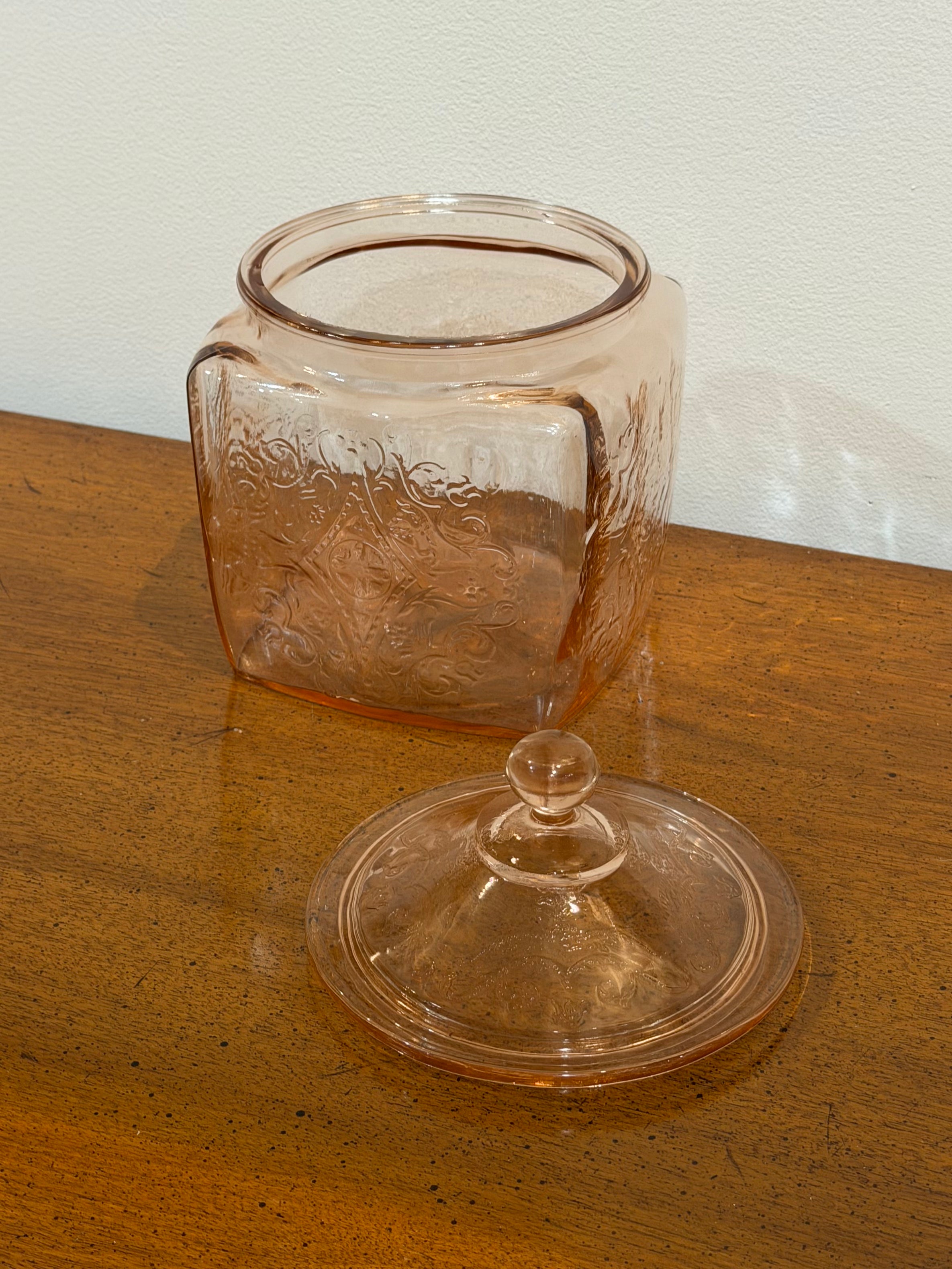 Pink Depression Era Etched Glass Lidded Jar