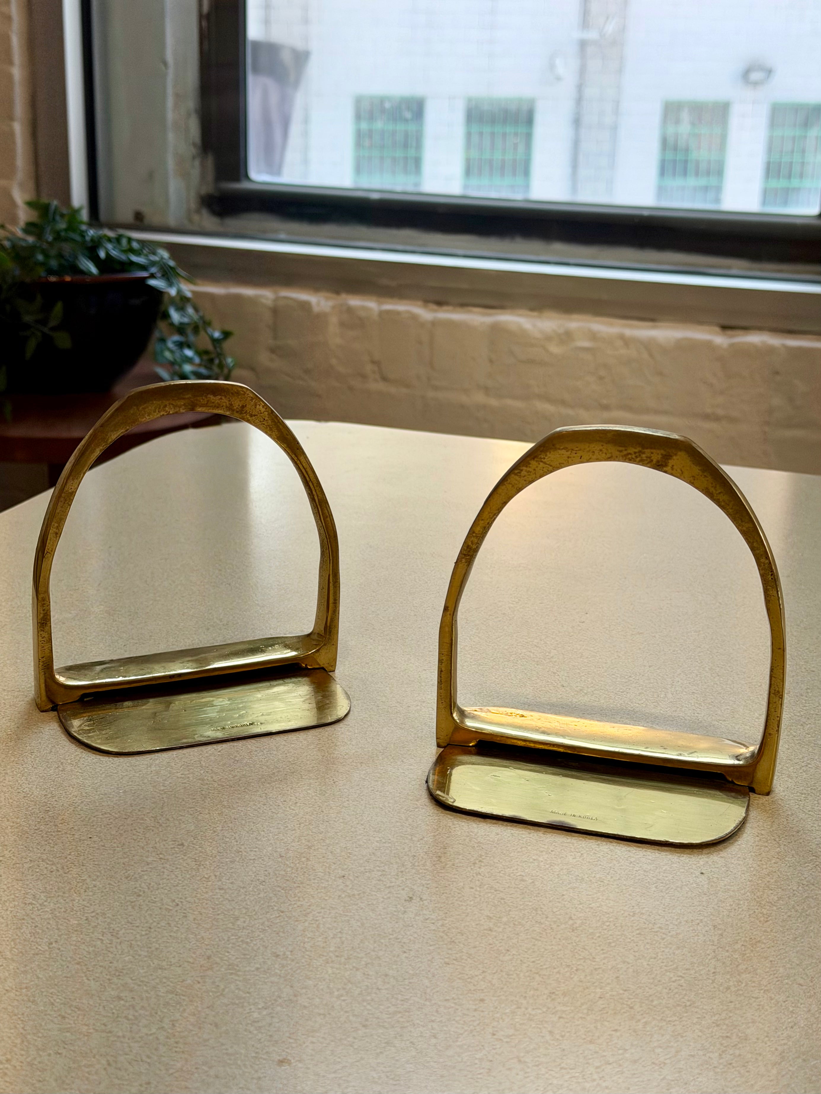 Pair of Solid Brass Equestrian Saddle Stirrup Bookends