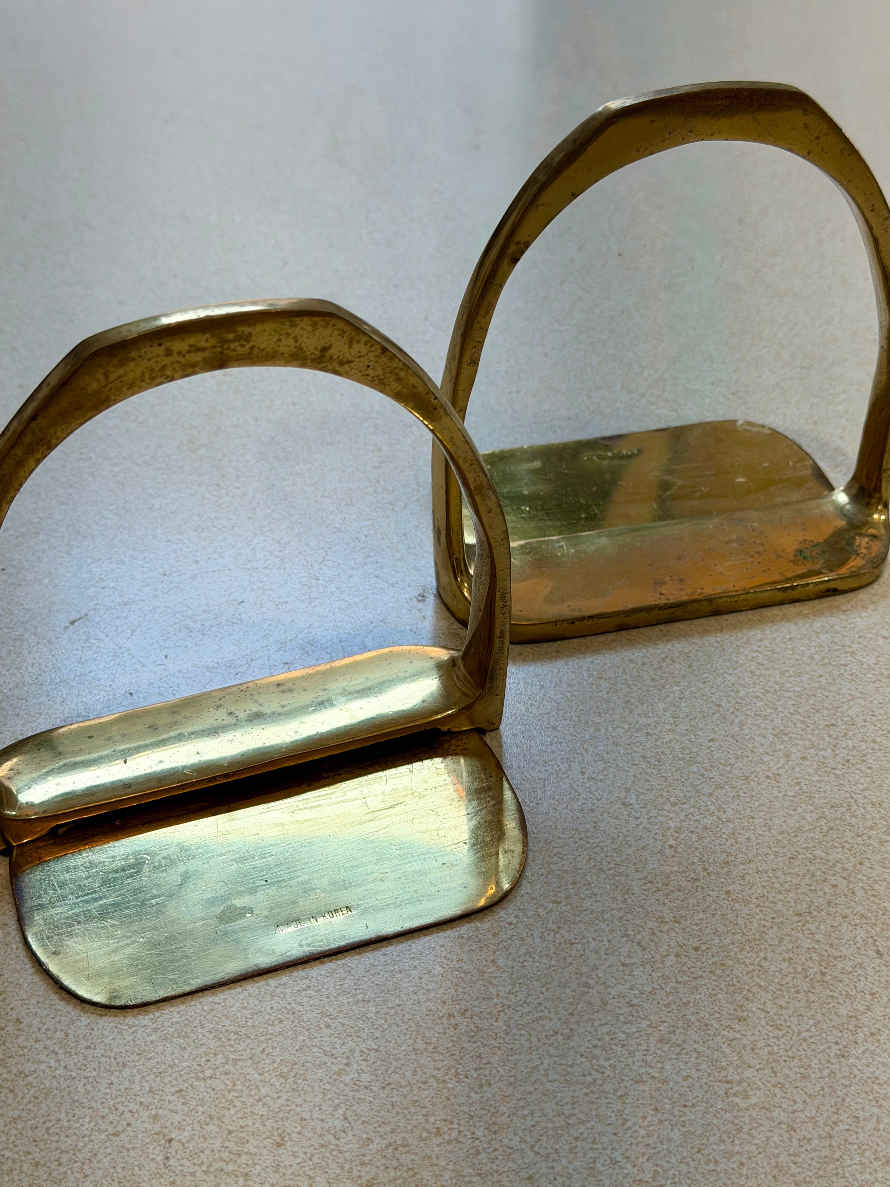 Pair of Solid Brass Equestrian Saddle Stirrup Bookends