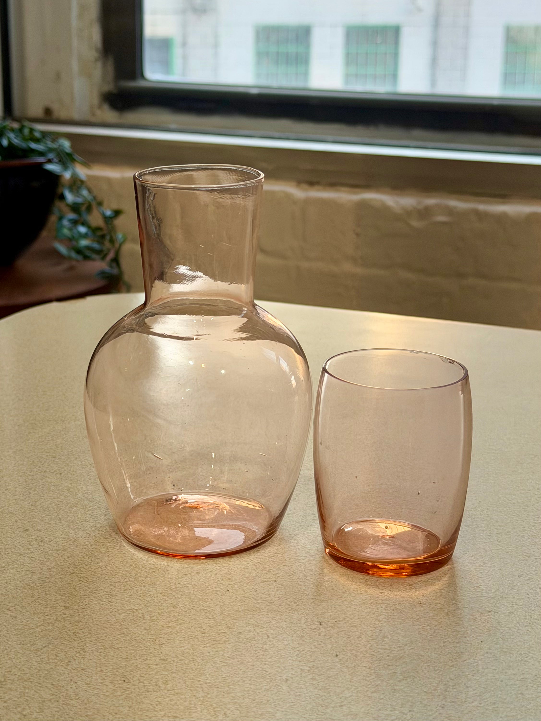 Pink Glass Bedside Water Carafe and Tumbler Set