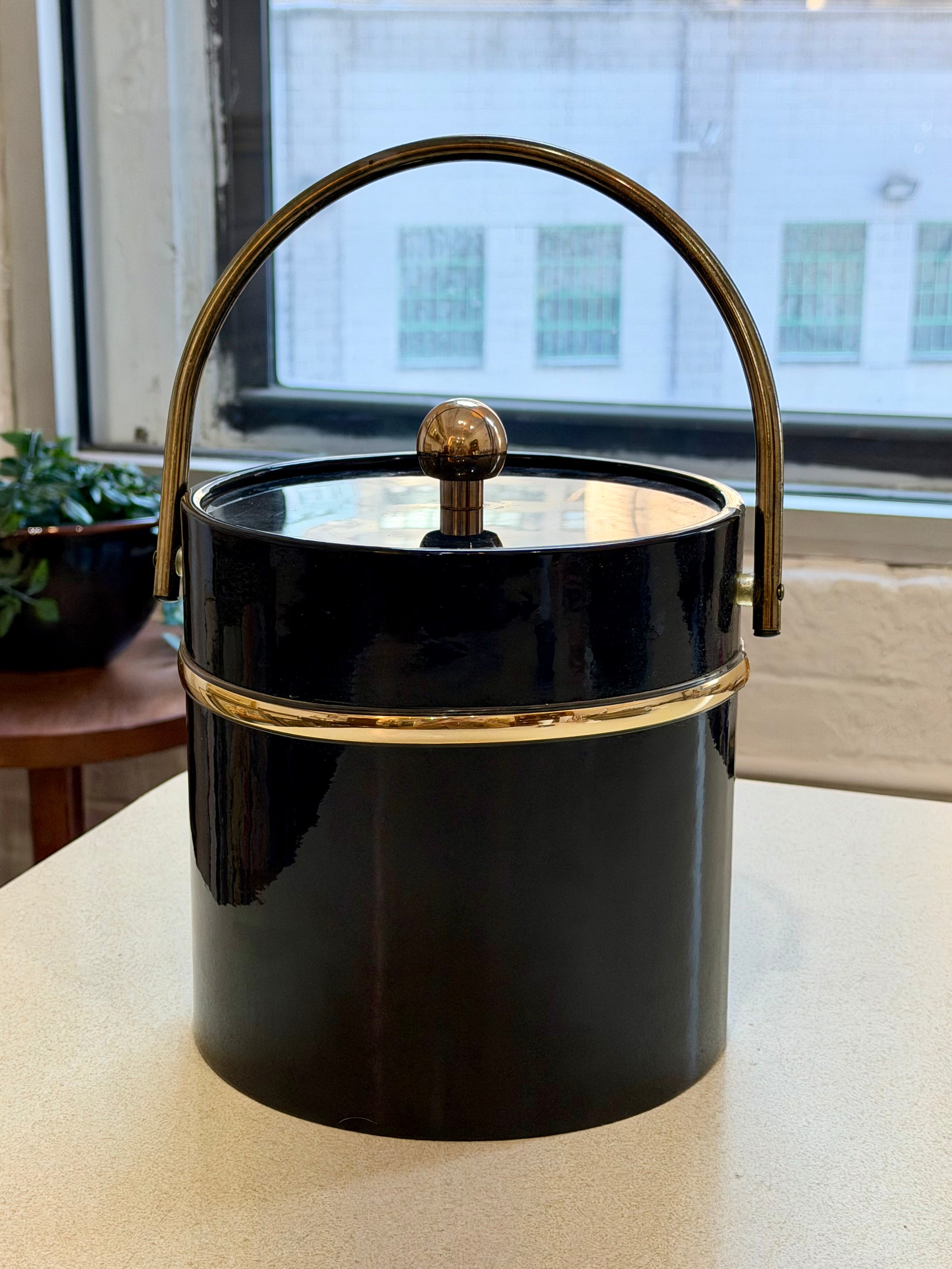Mid Century Glossy Black Vinyl Ice Bucket with Brass Handle