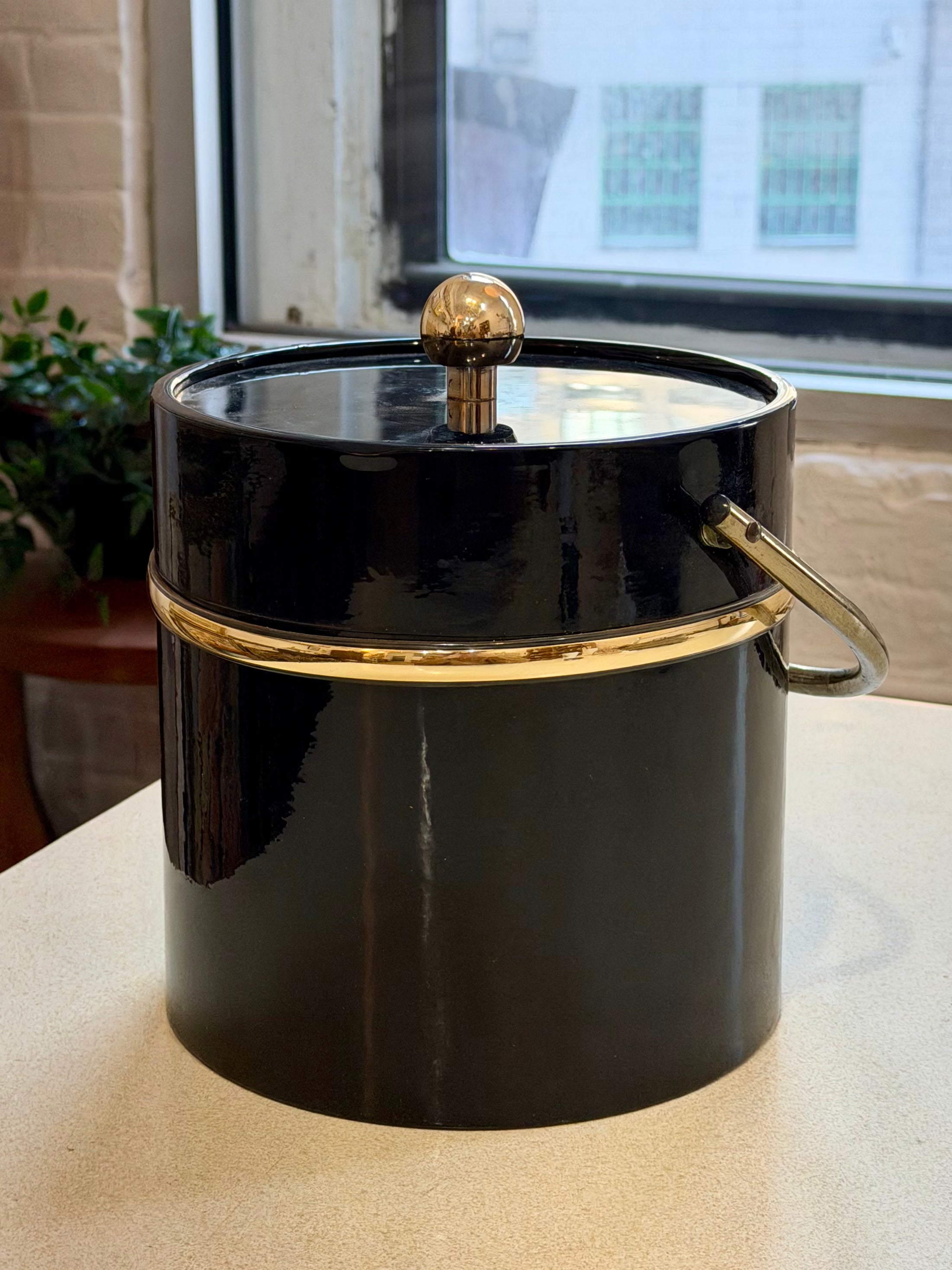 Mid Century Glossy Black Vinyl Ice Bucket with Brass Handle