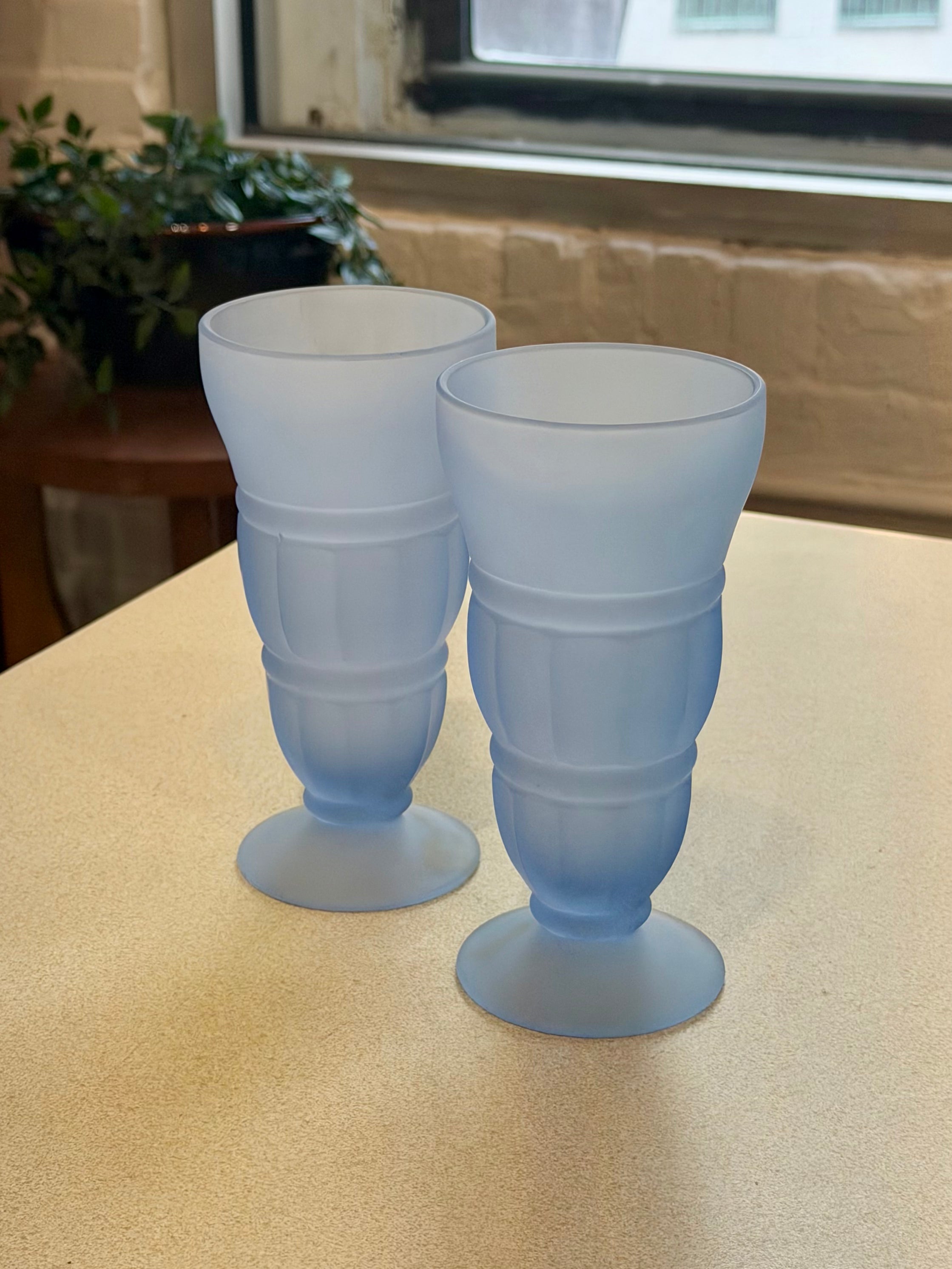 Fountain Ware Frosted Satin Blue Milkshake Glasses