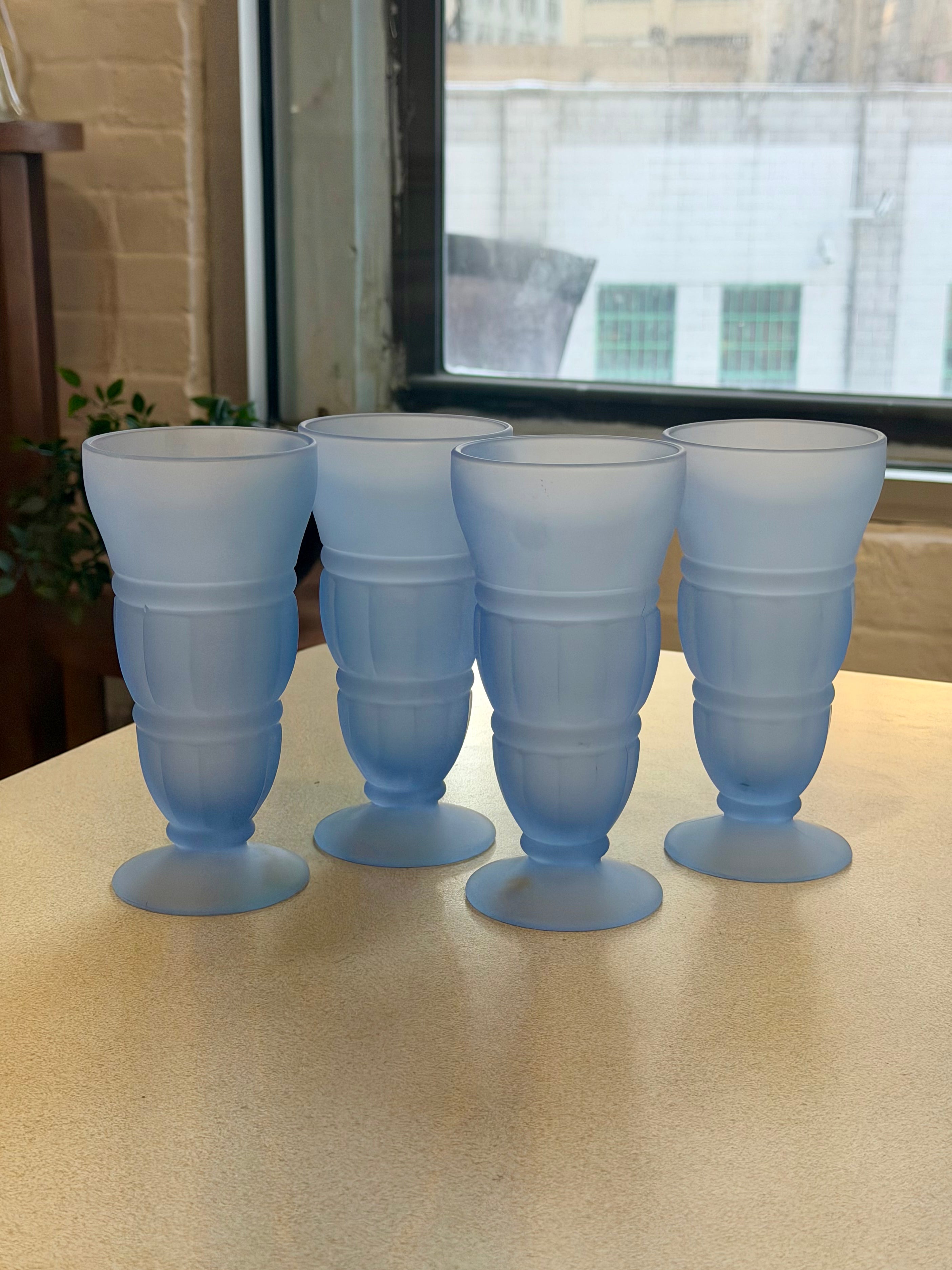 Fountain Ware Frosted Satin Blue Milkshake Glasses