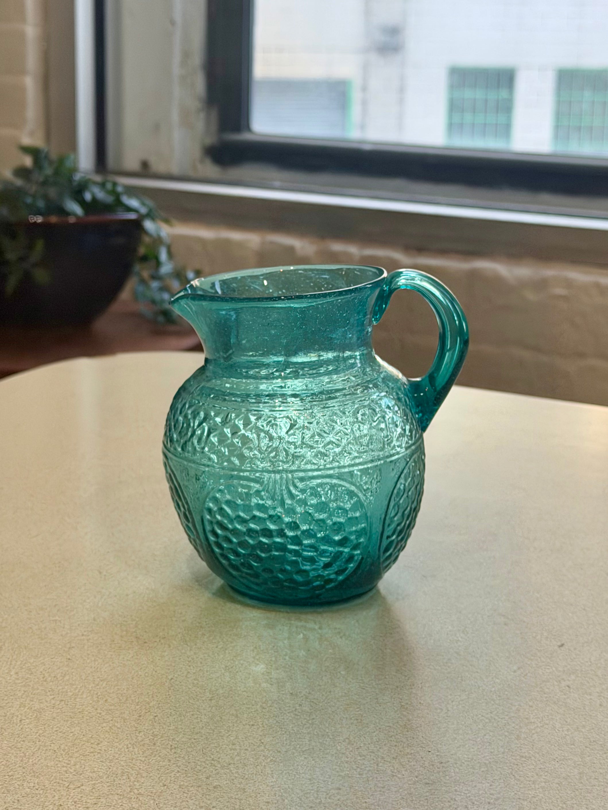 Anchor Hocking Aquamarine Crinkle Glass Pitcher