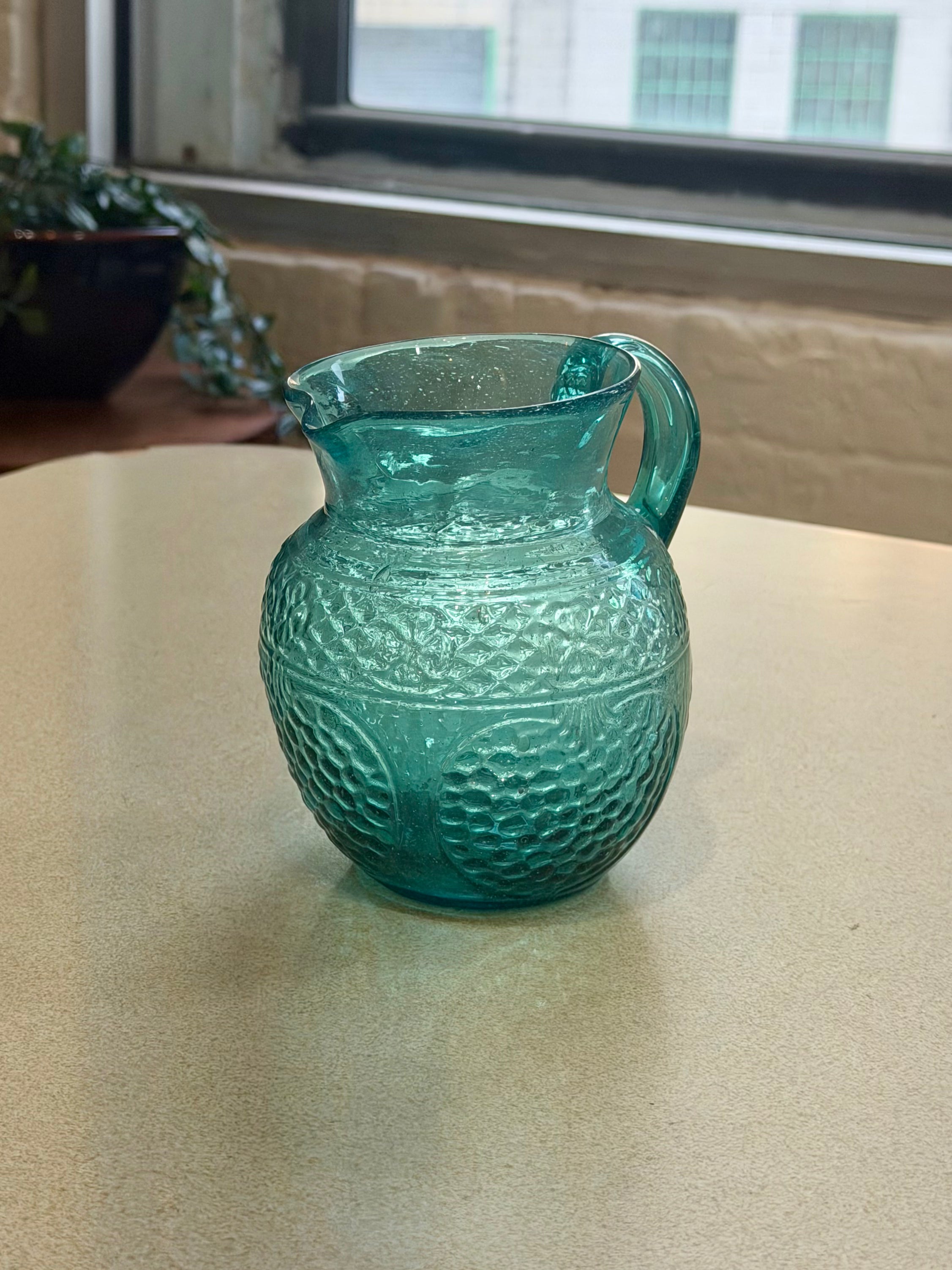 Anchor Hocking Aquamarine Crinkle Glass Pitcher