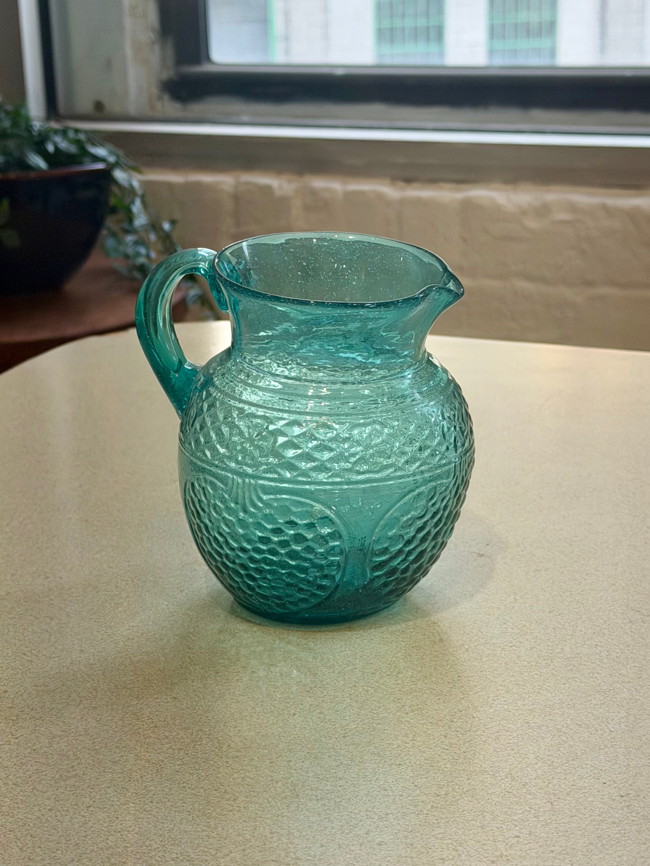 Anchor Hocking Aquamarine Crinkle Glass Pitcher