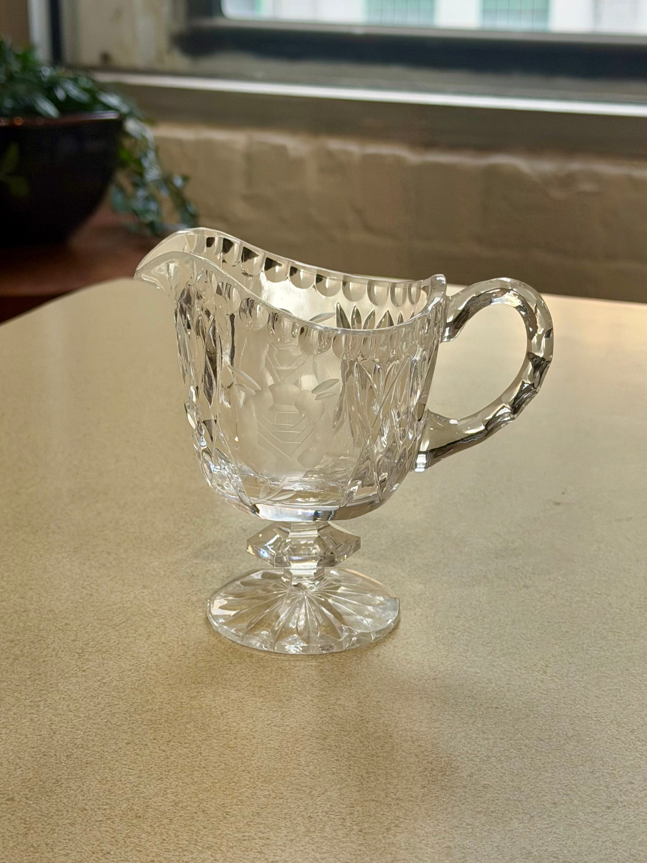 Crystal Floral Etched Footed Creamer Pitcher