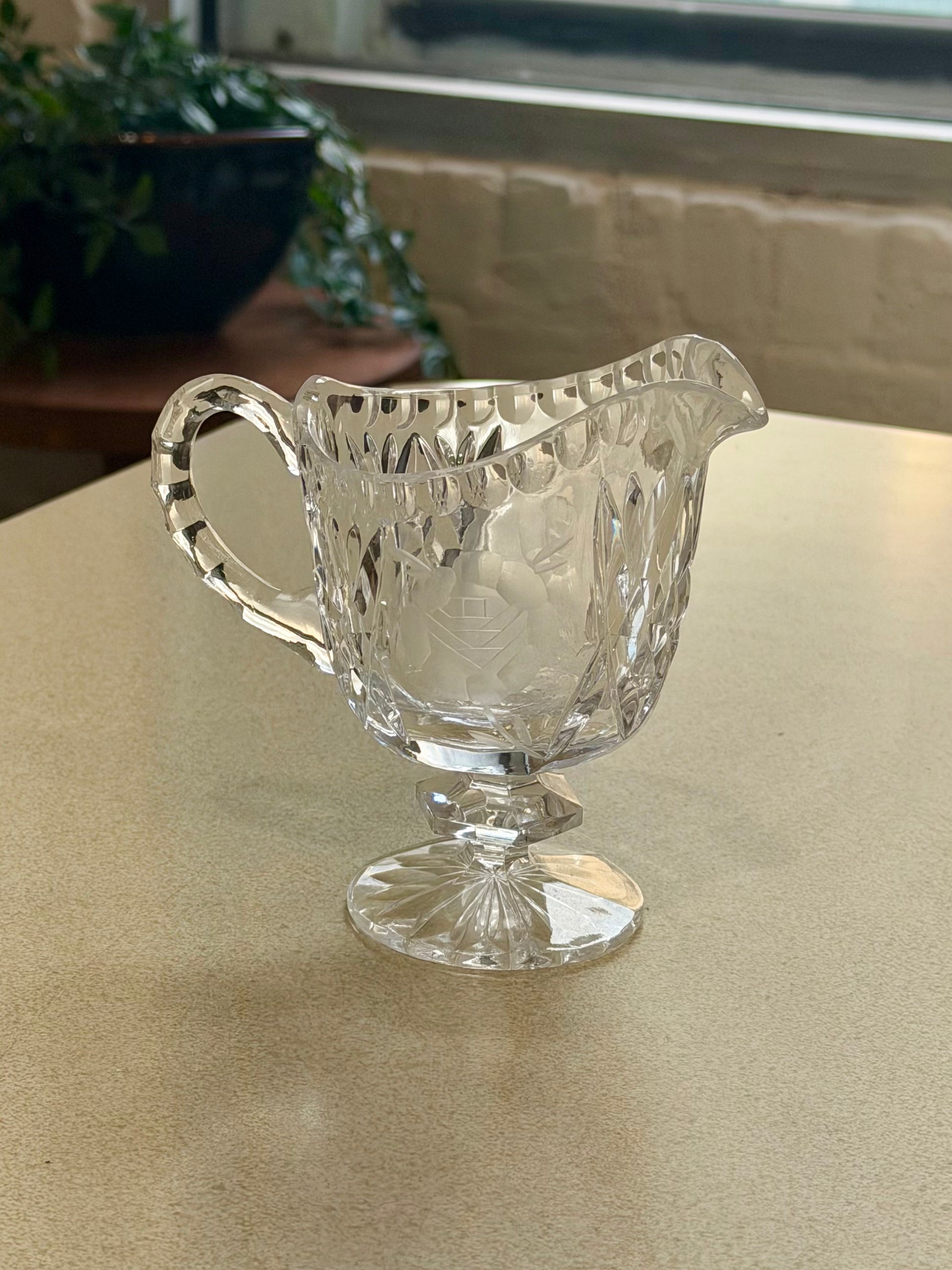Crystal Floral Etched Footed Creamer Pitcher