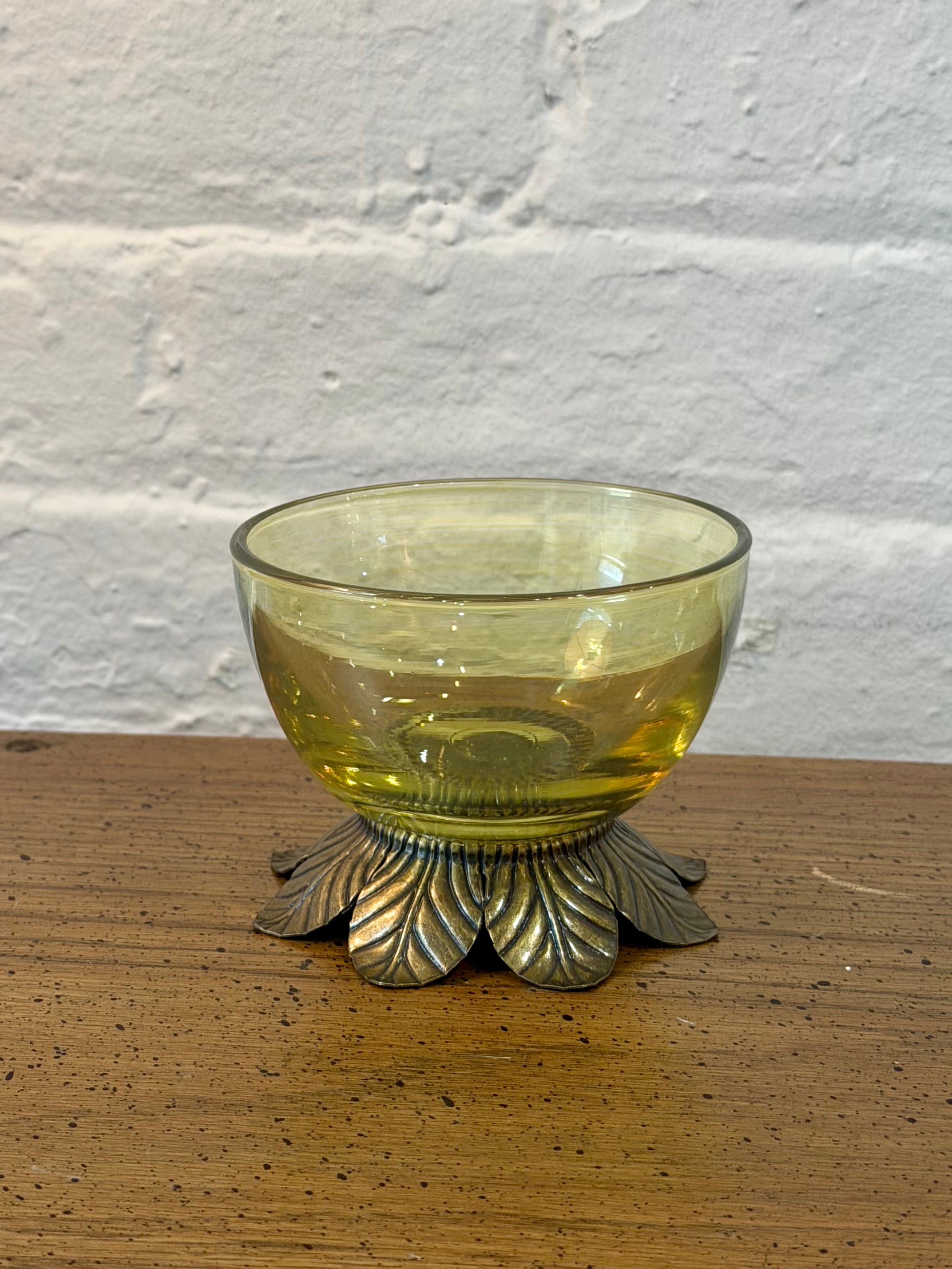 Brass Leaf Footed Glass Catch All Bowl