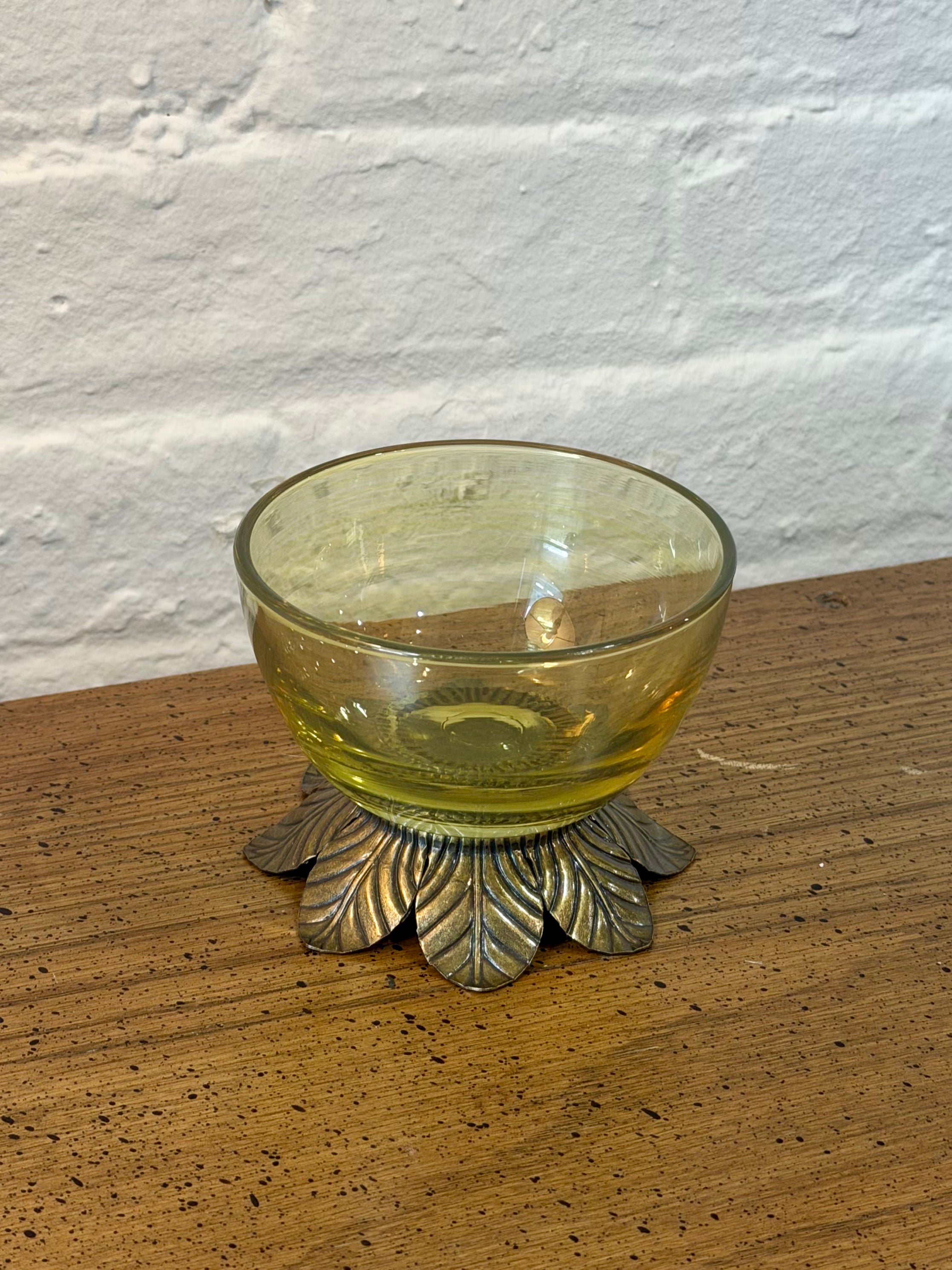 Brass Leaf Footed Glass Catch All Bowl