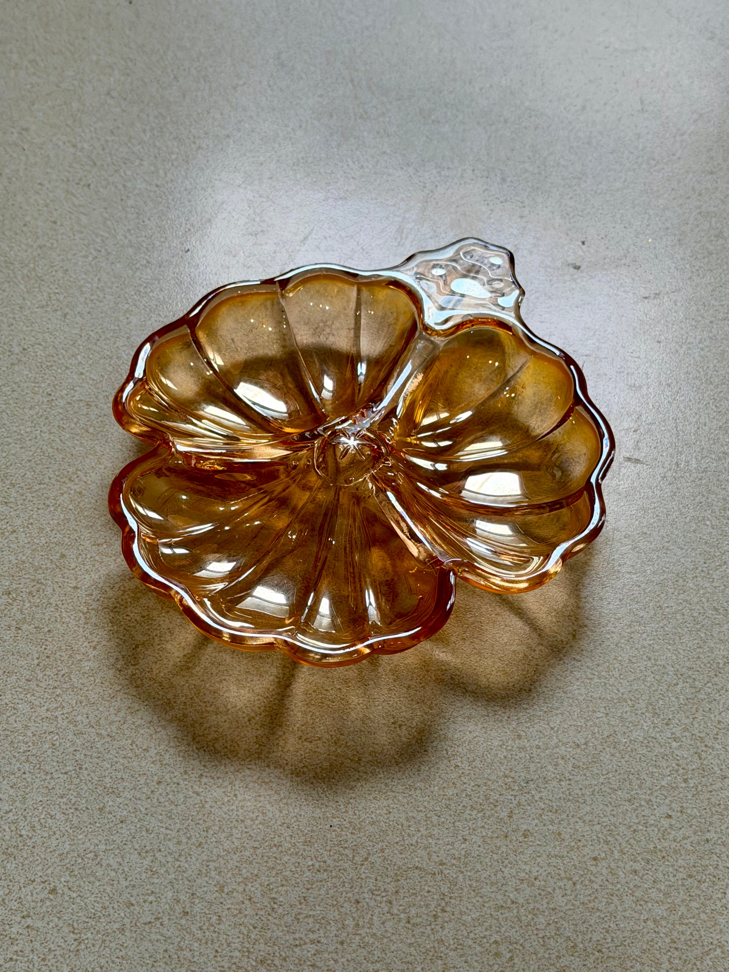 Jeanette Glass Marigold Iridescent Three Part Clover Candy Dish