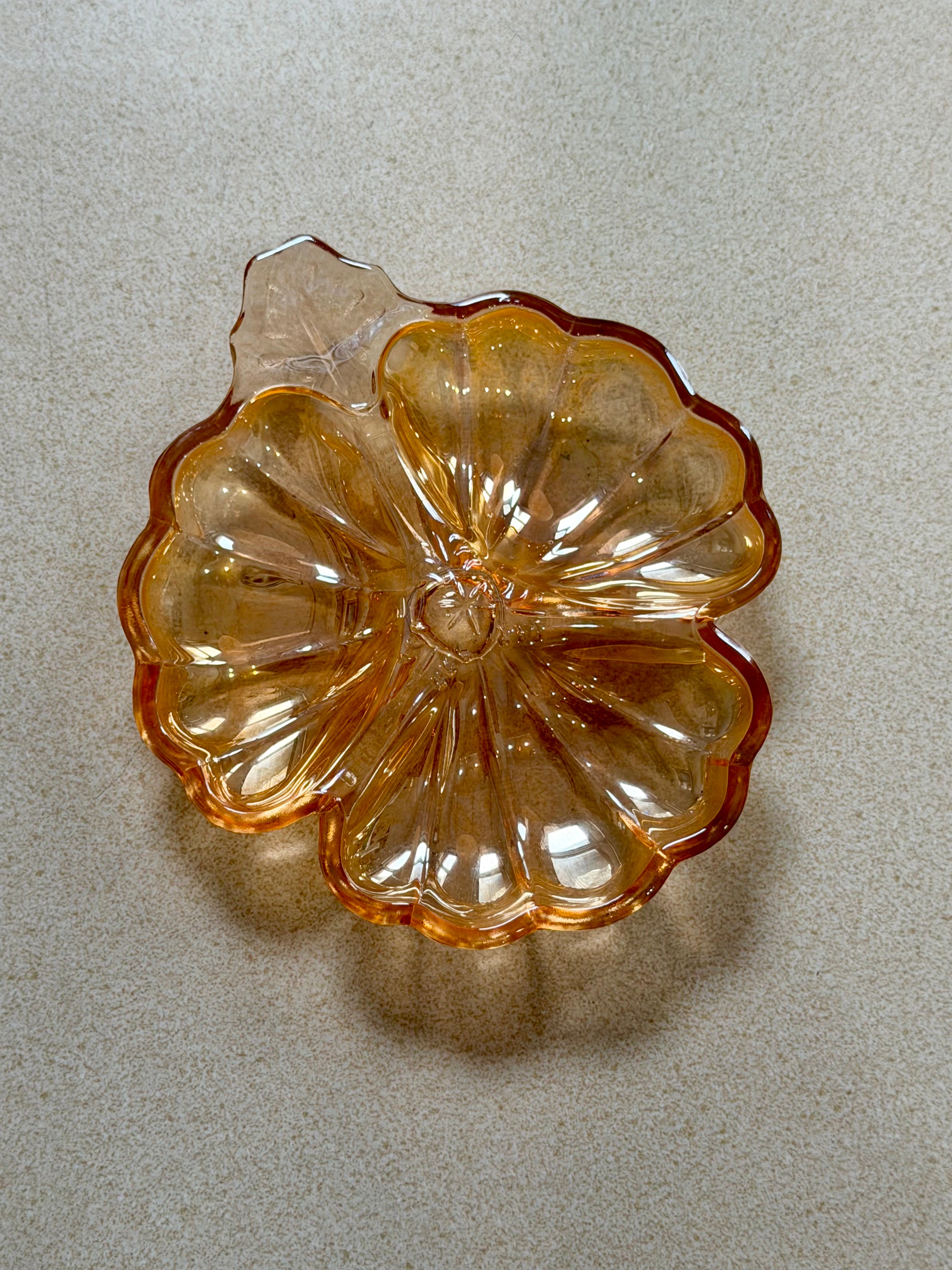 Jeanette Glass Marigold Iridescent Three Part Clover Candy Dish