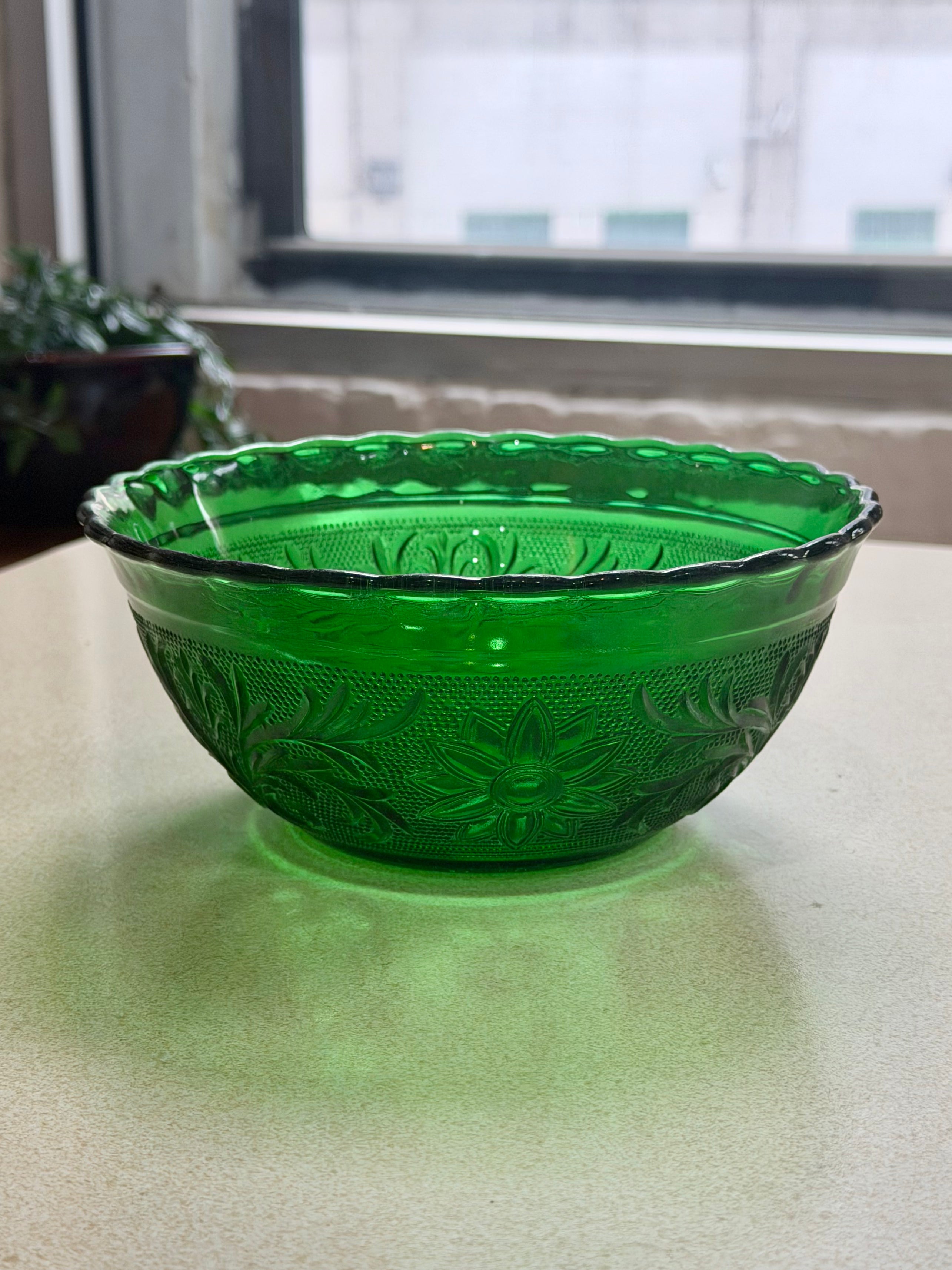 Forest Green Glass Floral Etched Bowl