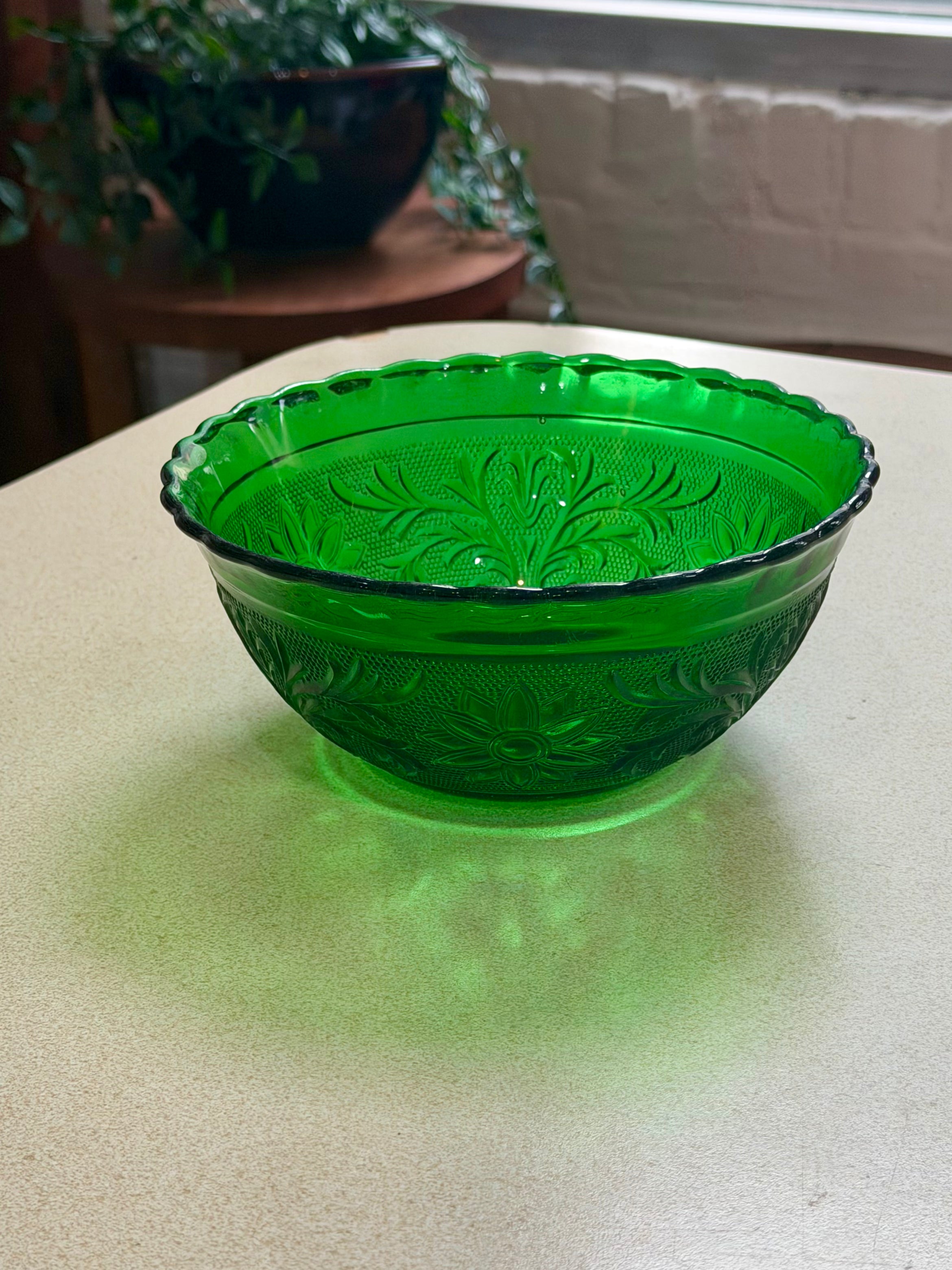 Forest Green Glass Floral Etched Bowl