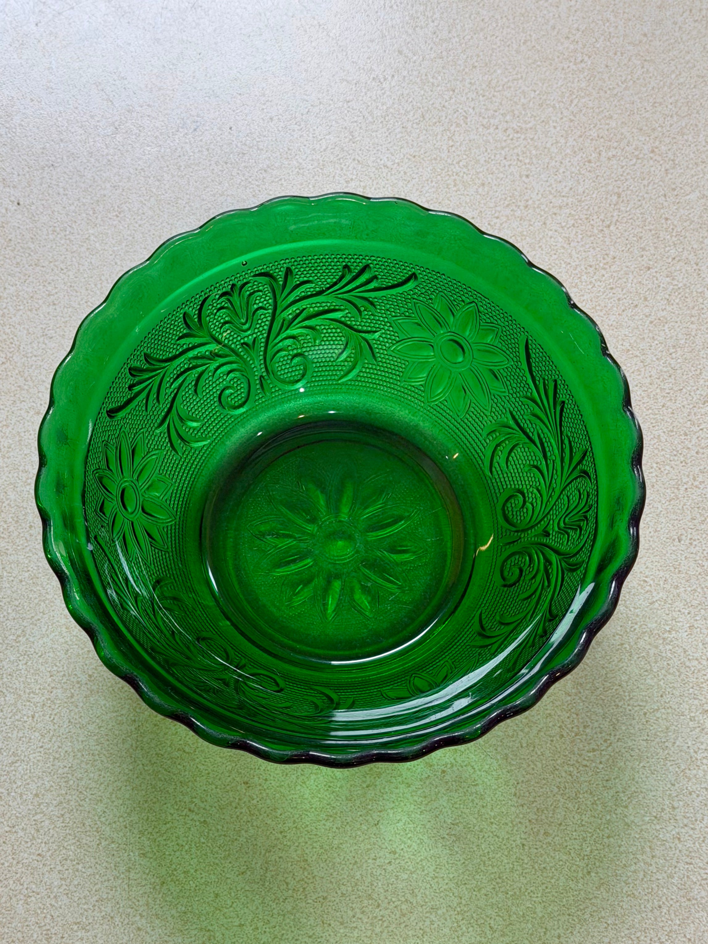 Forest Green Glass Floral Etched Bowl