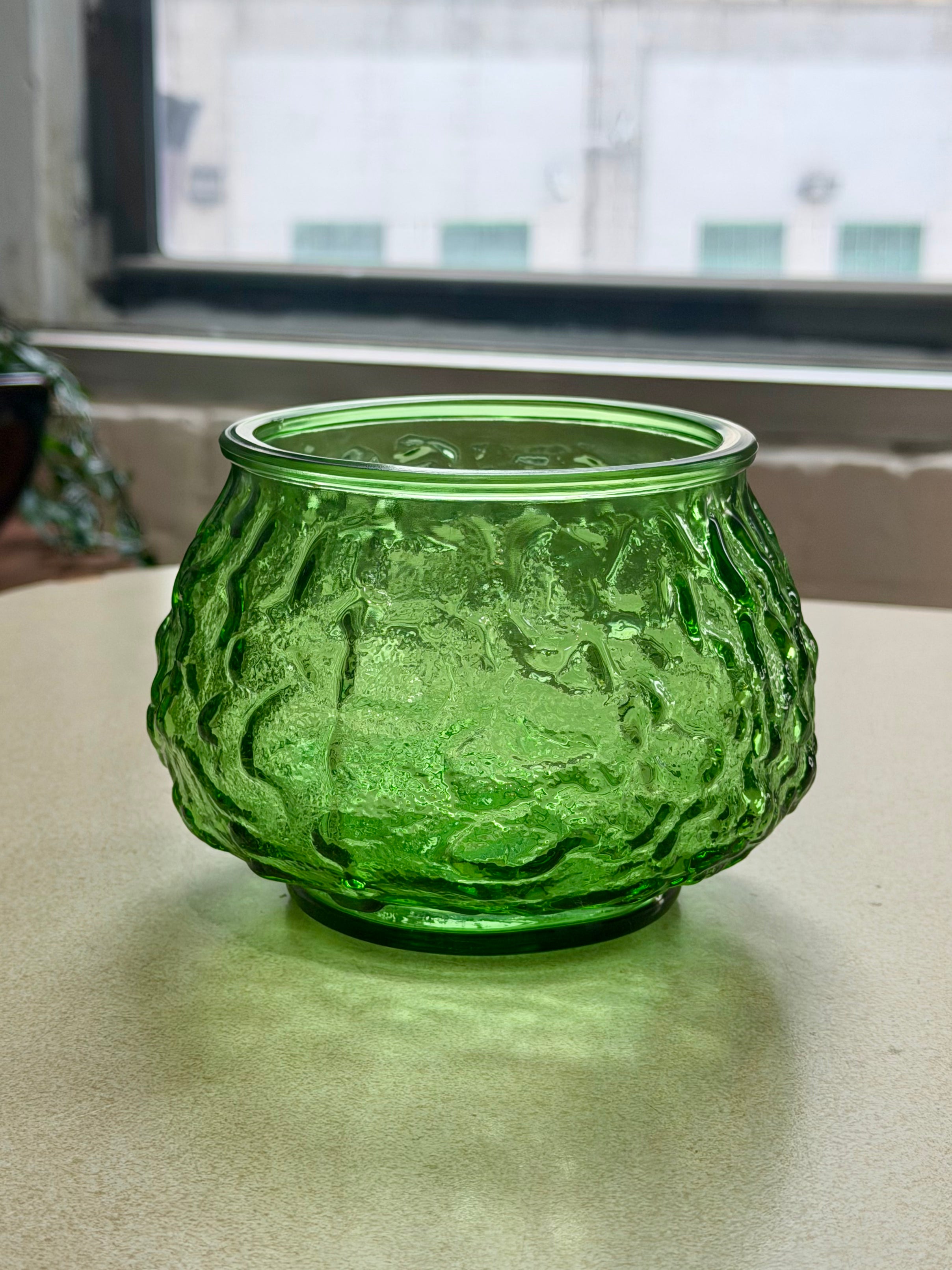 Mid Century Green Crinkle Glass Bowl
