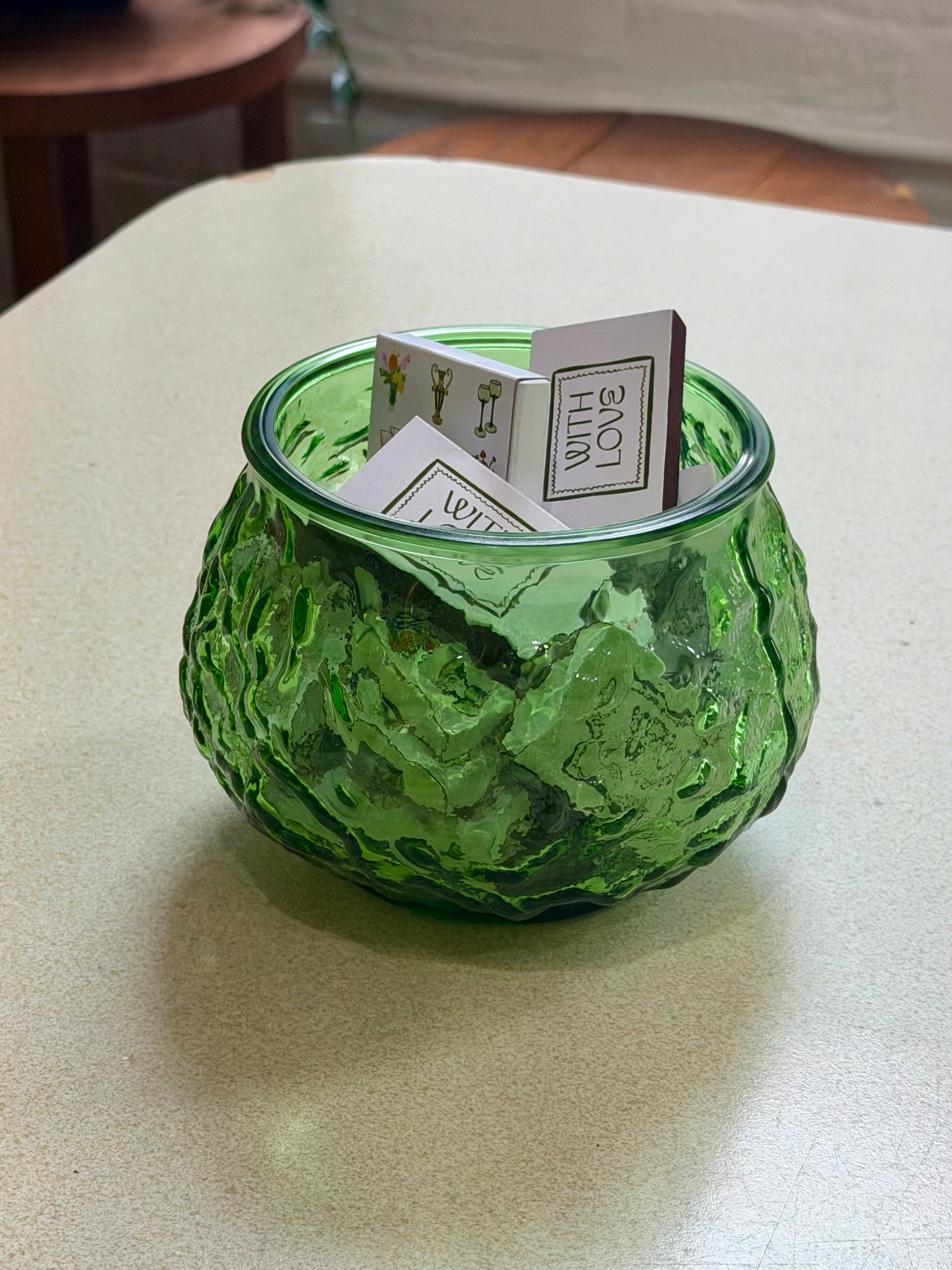 Mid Century Green Crinkle Glass Bowl