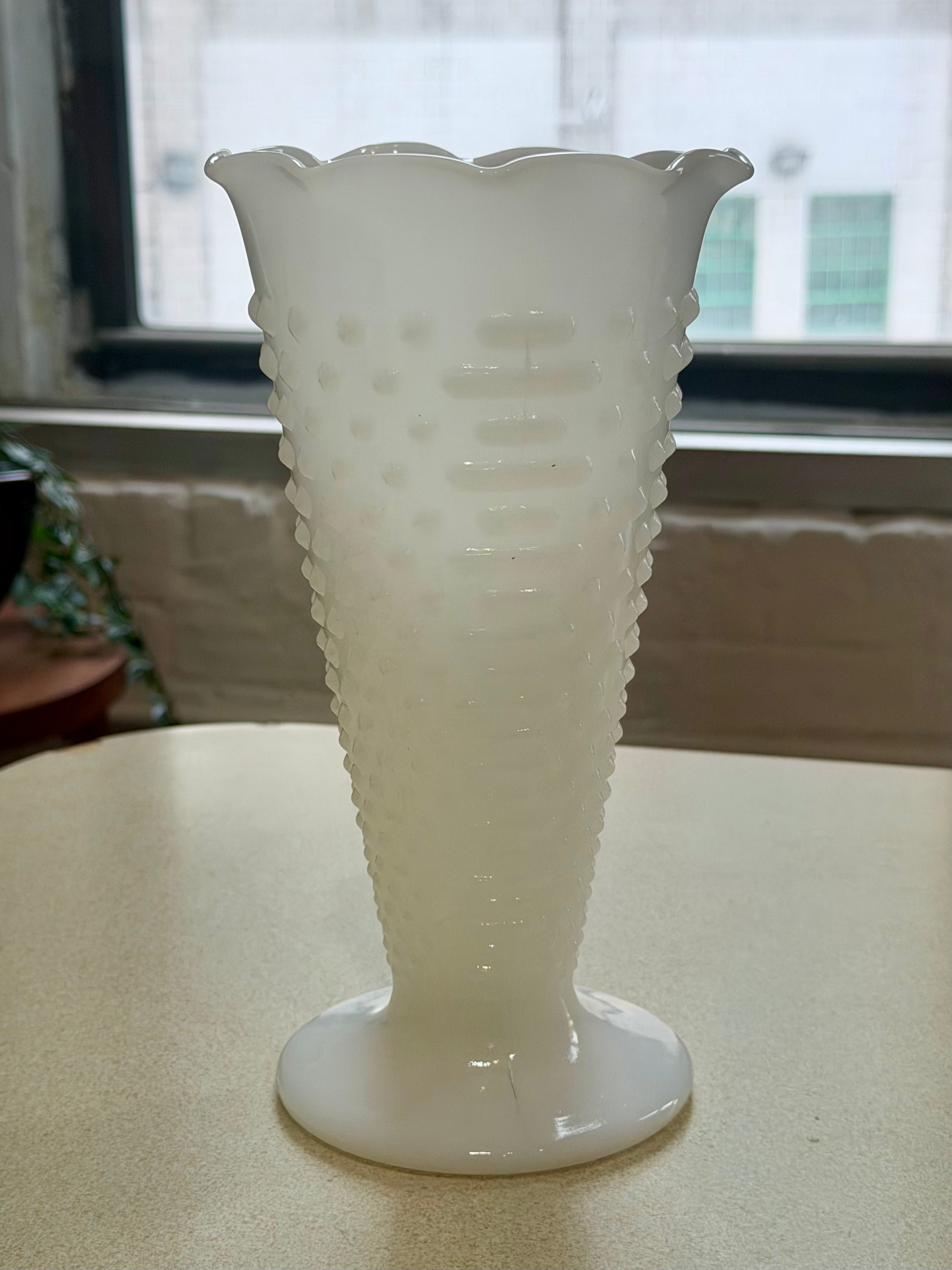 Milk Glass Hobnail Ruffle Rim Vase