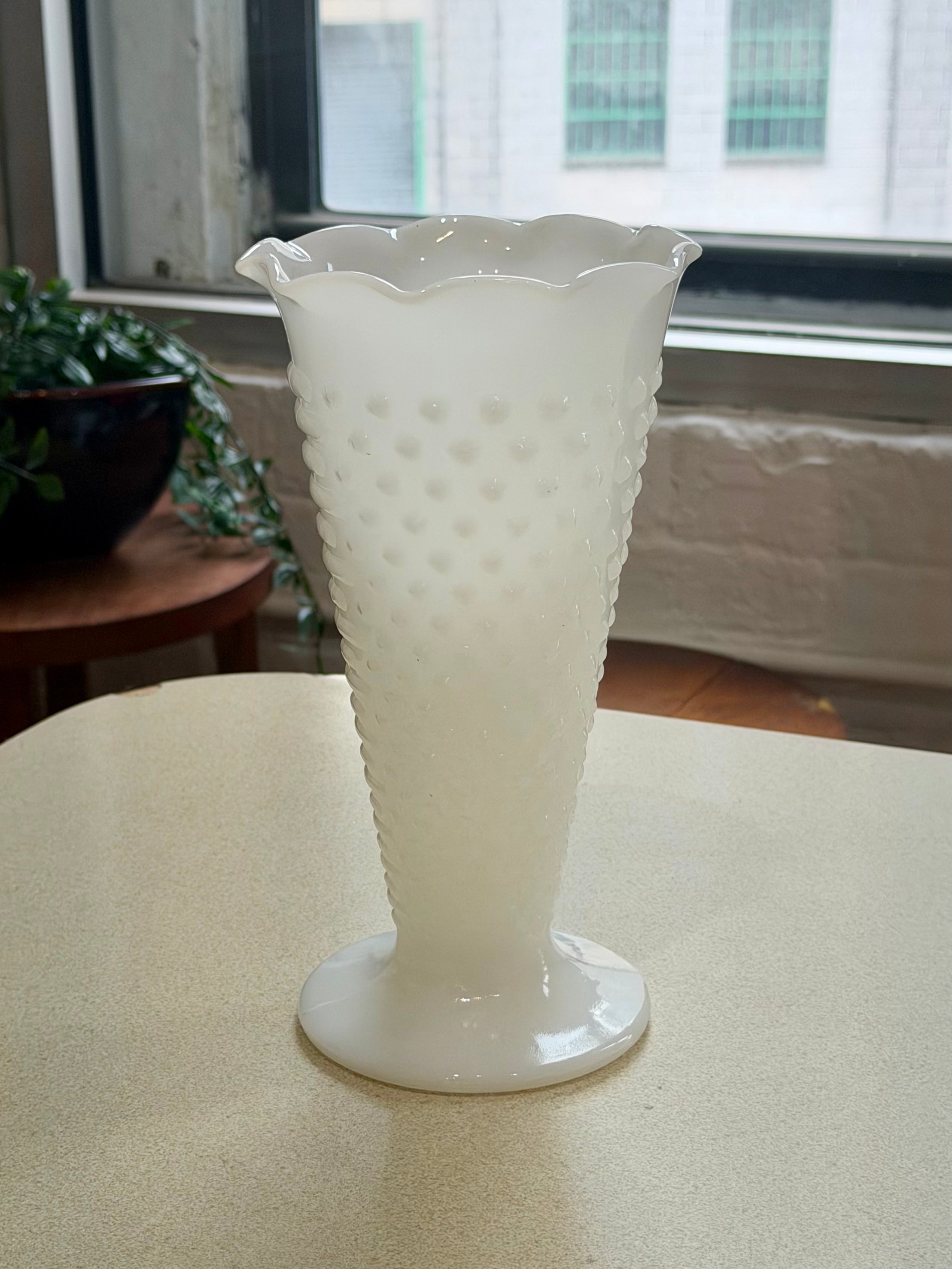 Milk Glass Hobnail Ruffle Rim Vase