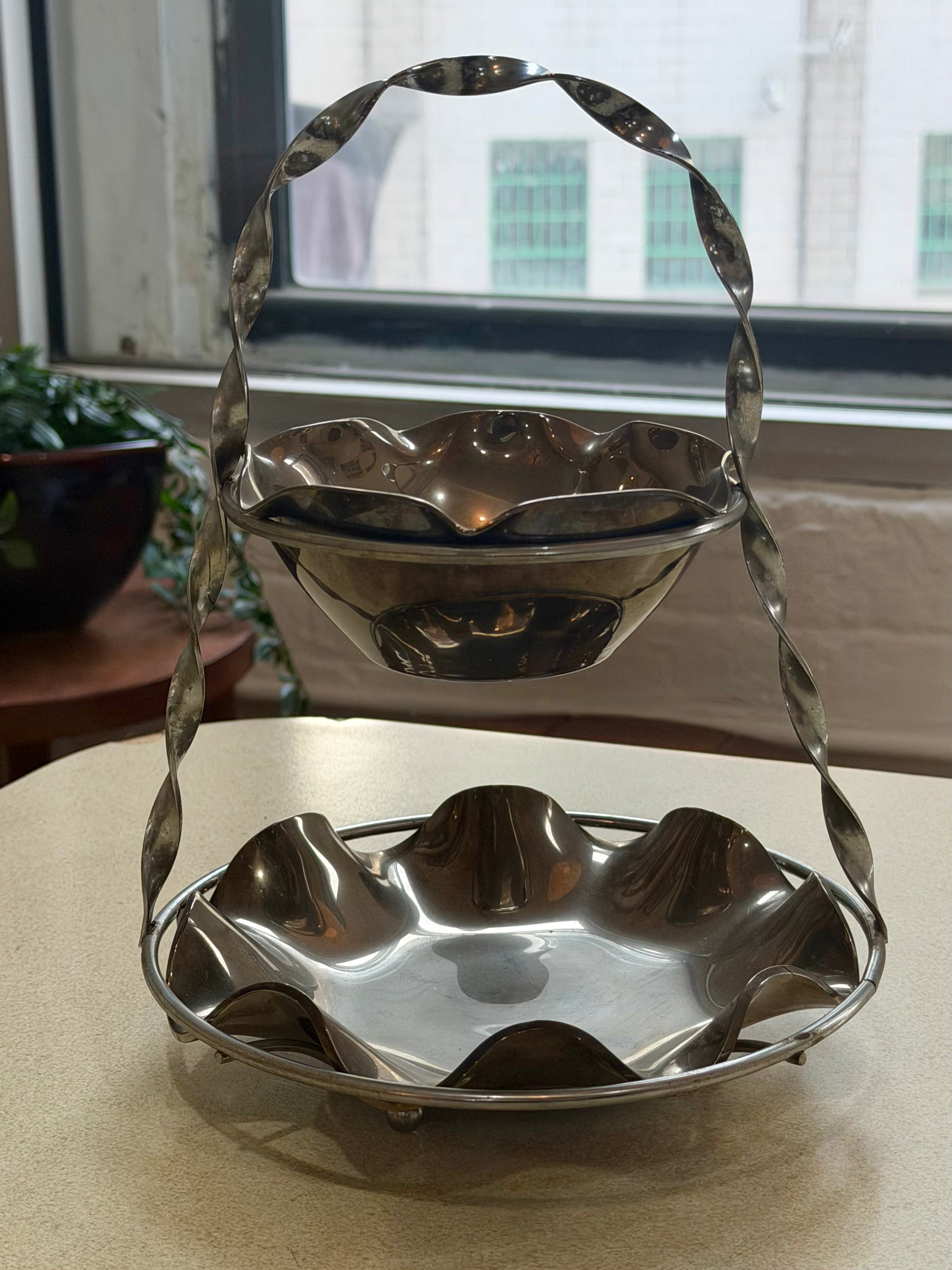 Mid Century Two Tier Three Piece Twisted Silver Serving Set
