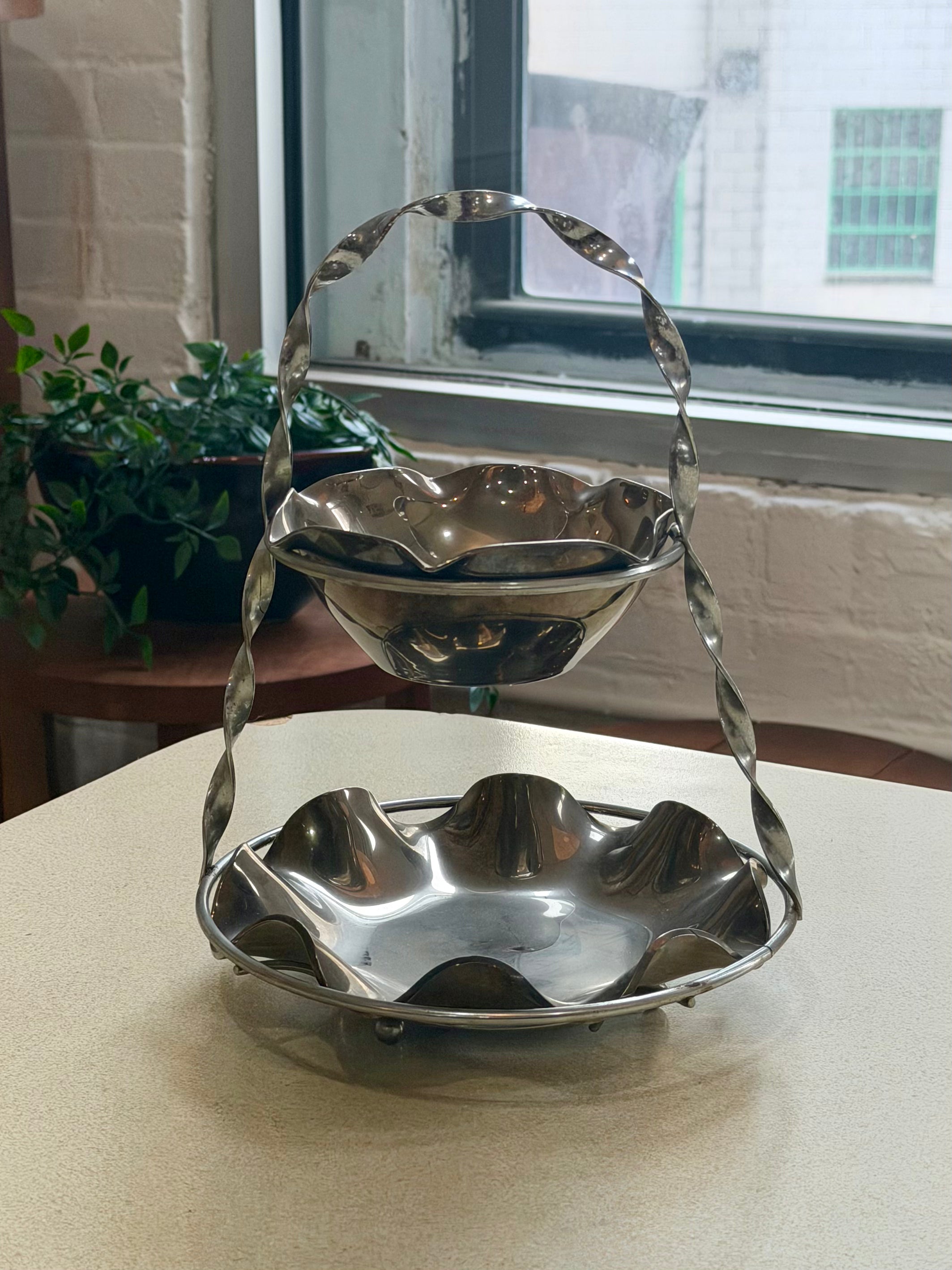 Mid Century Two Tier Three Piece Twisted Silver Serving Set