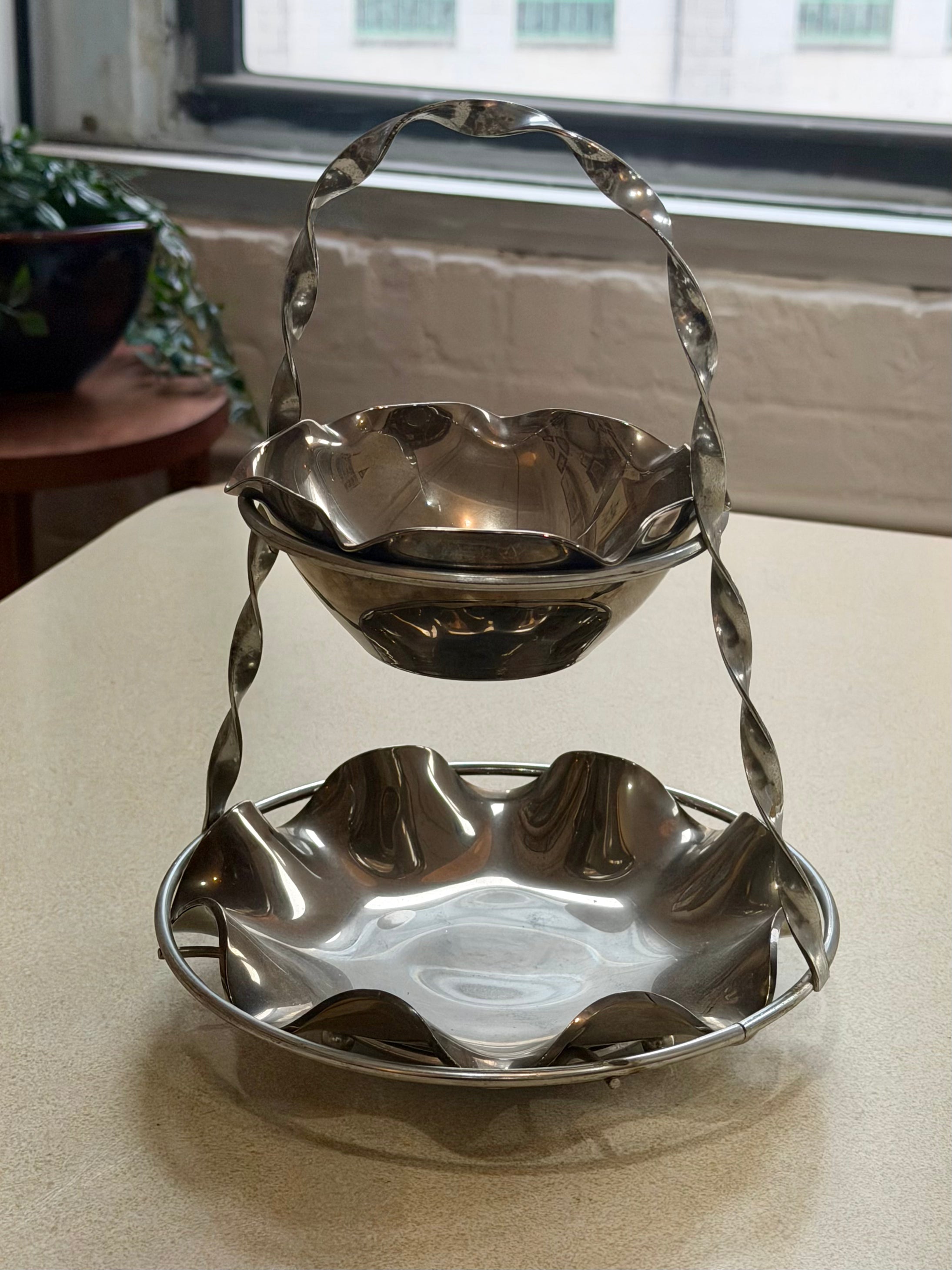 Mid Century Two Tier Three Piece Twisted Silver Serving Set