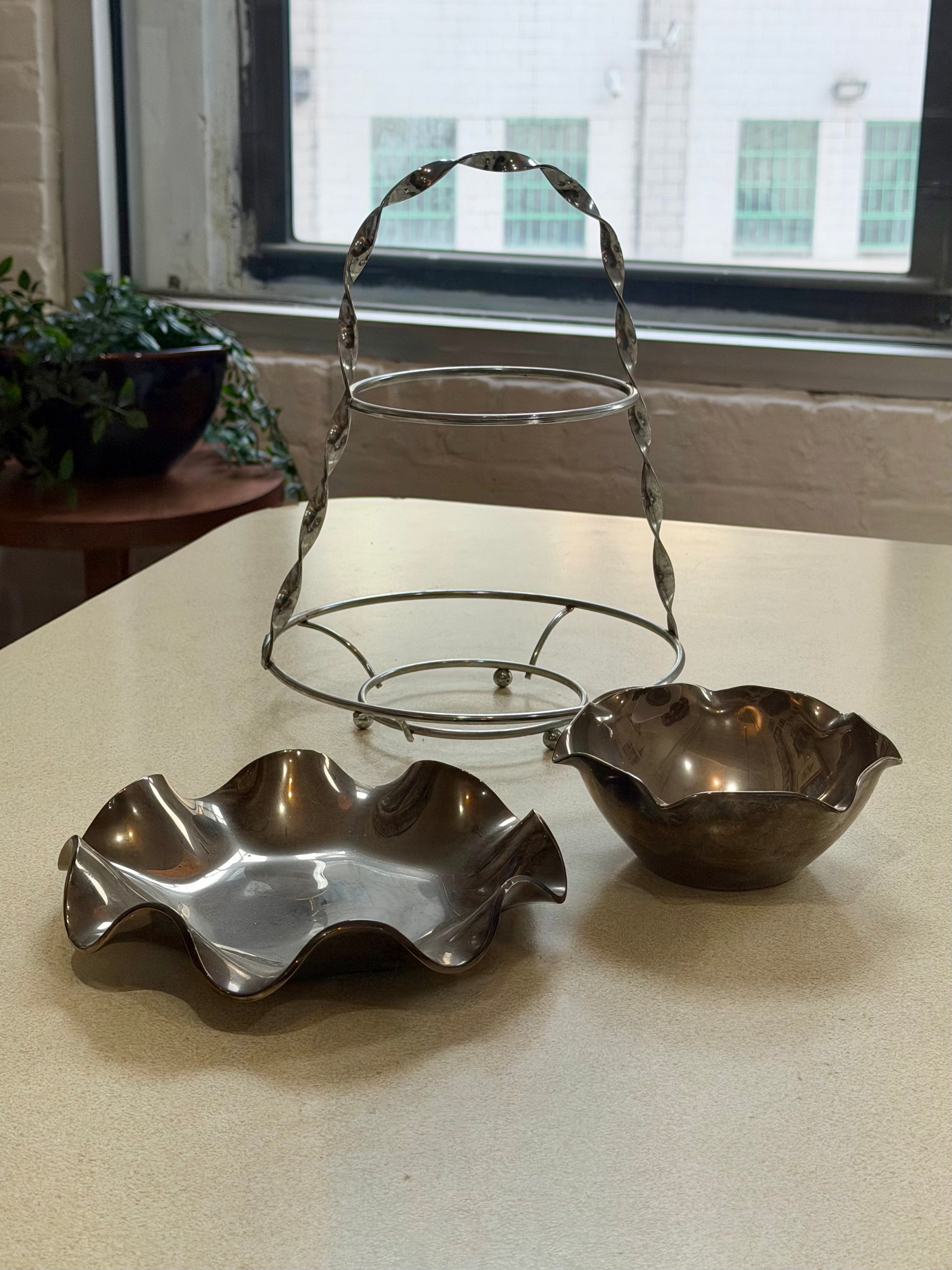 Mid Century Two Tier Three Piece Twisted Silver Serving Set