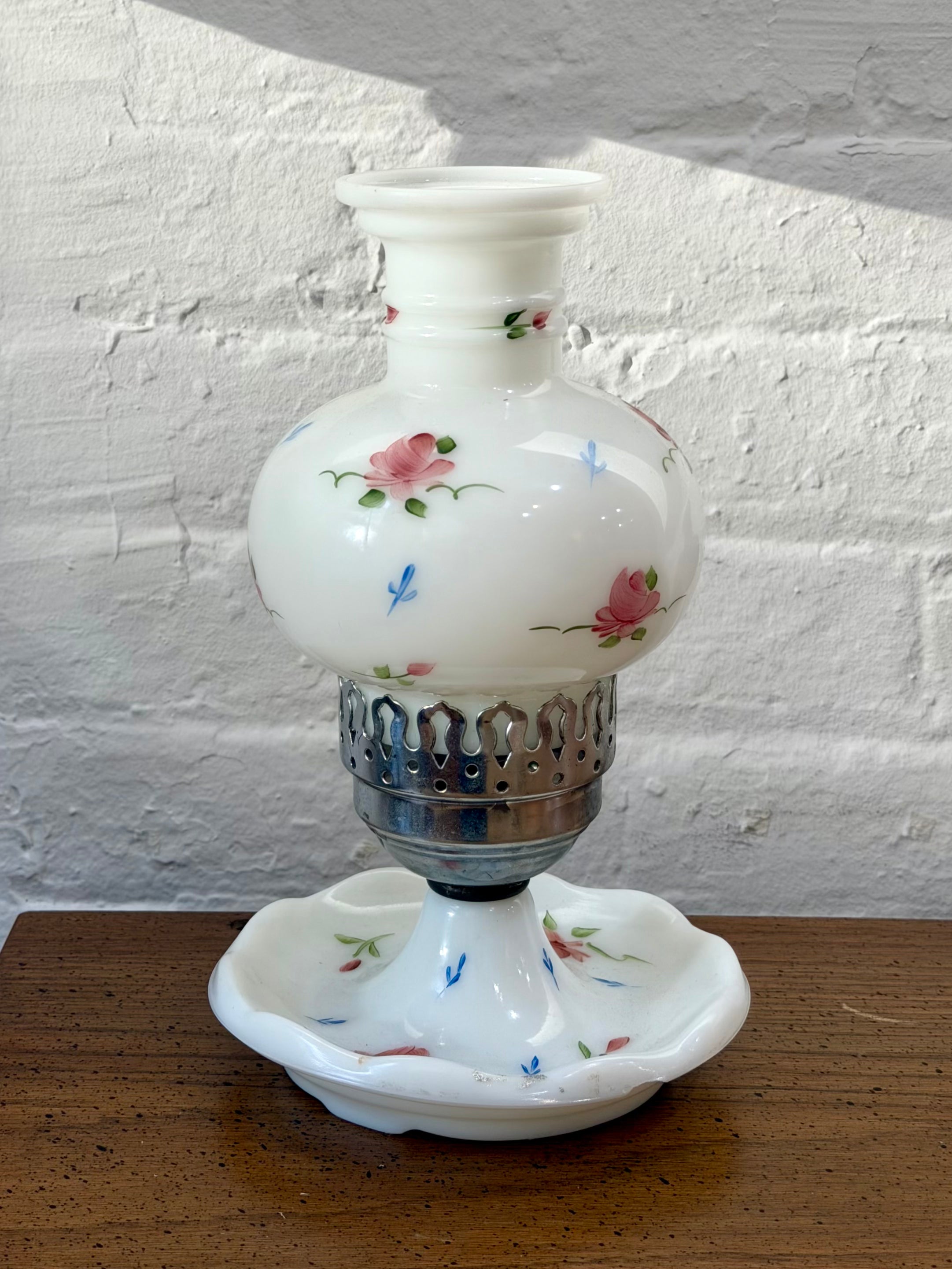Hand Painted Floral Milk Glass Lamp
