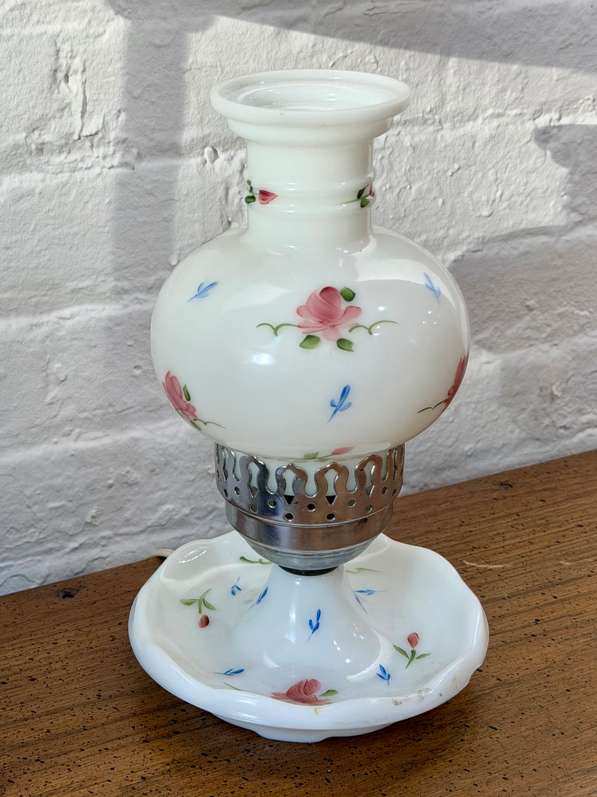 Hand Painted Floral Milk Glass Lamp