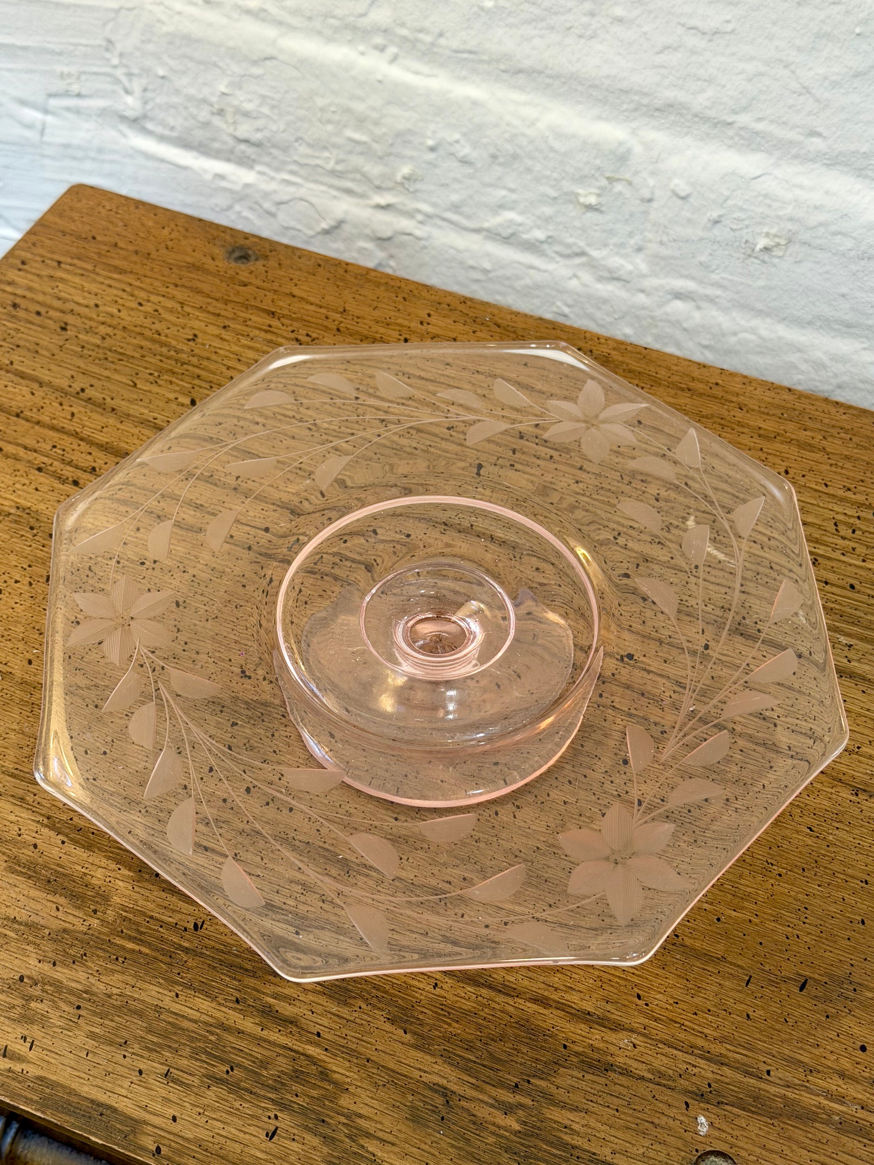 Octagonal Pink Glass Floral Etched Pedestal Plate