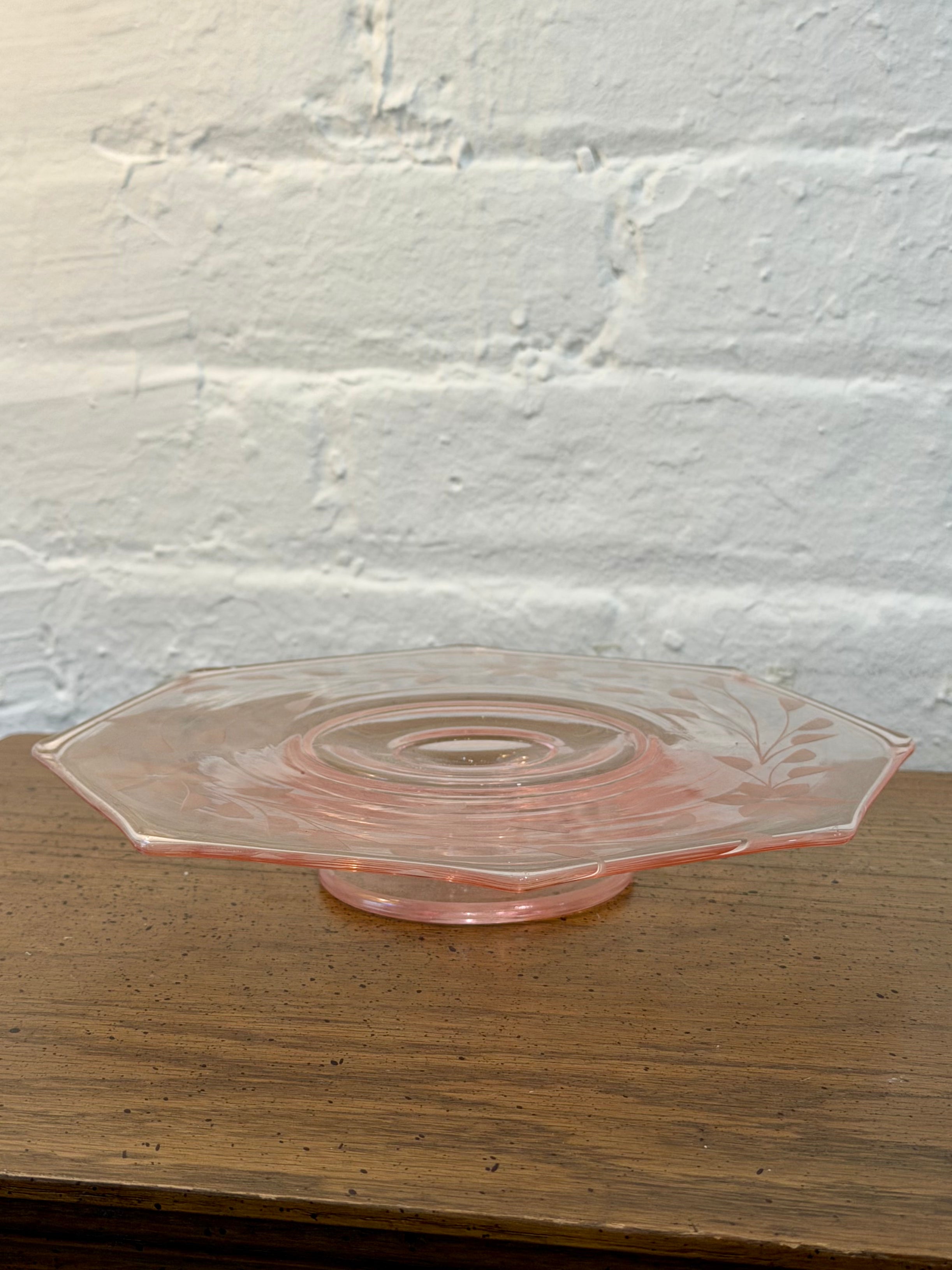 Octagonal Pink Glass Floral Etched Pedestal Plate
