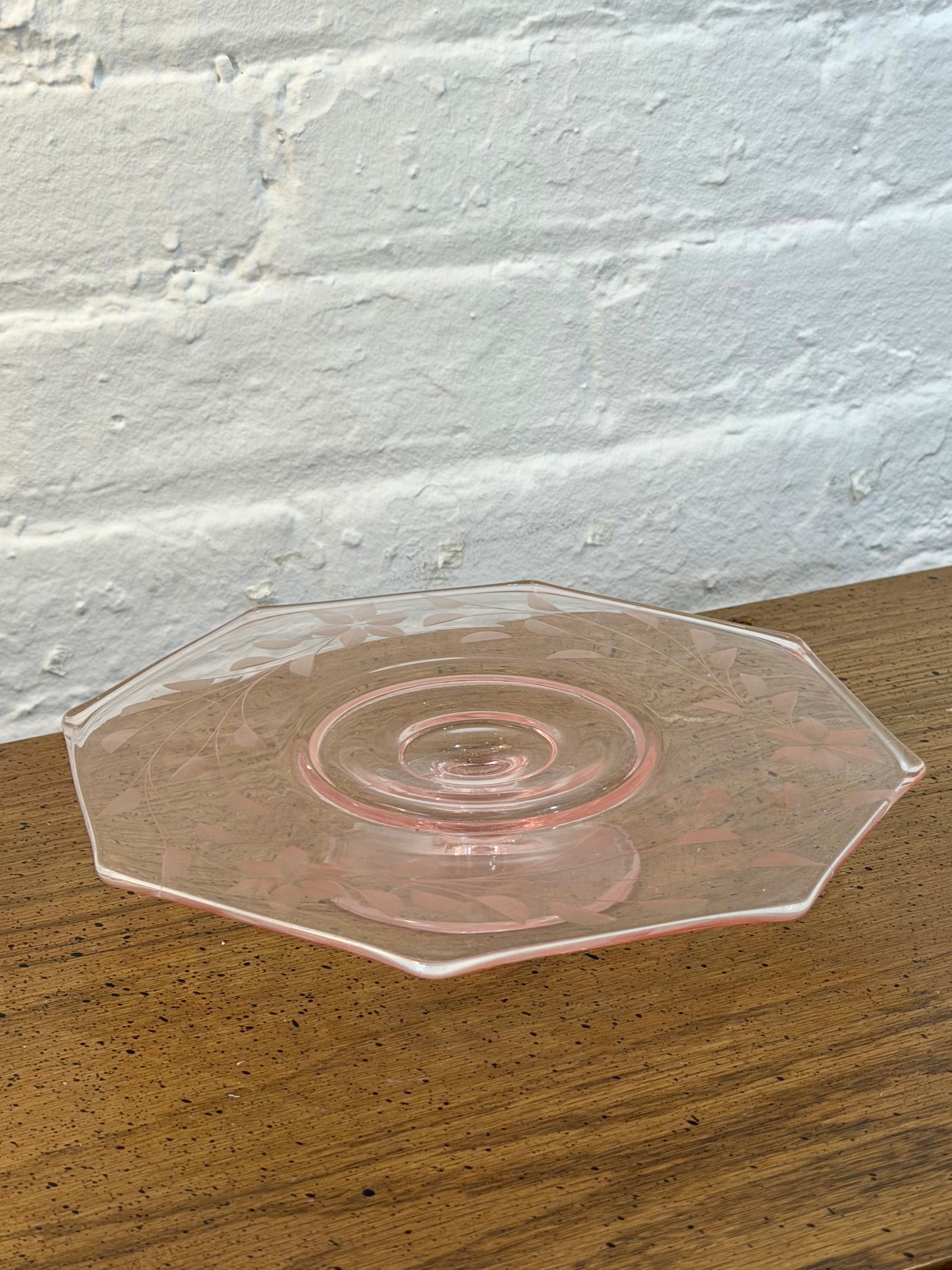 Octagonal Pink Glass Floral Etched Pedestal Plate