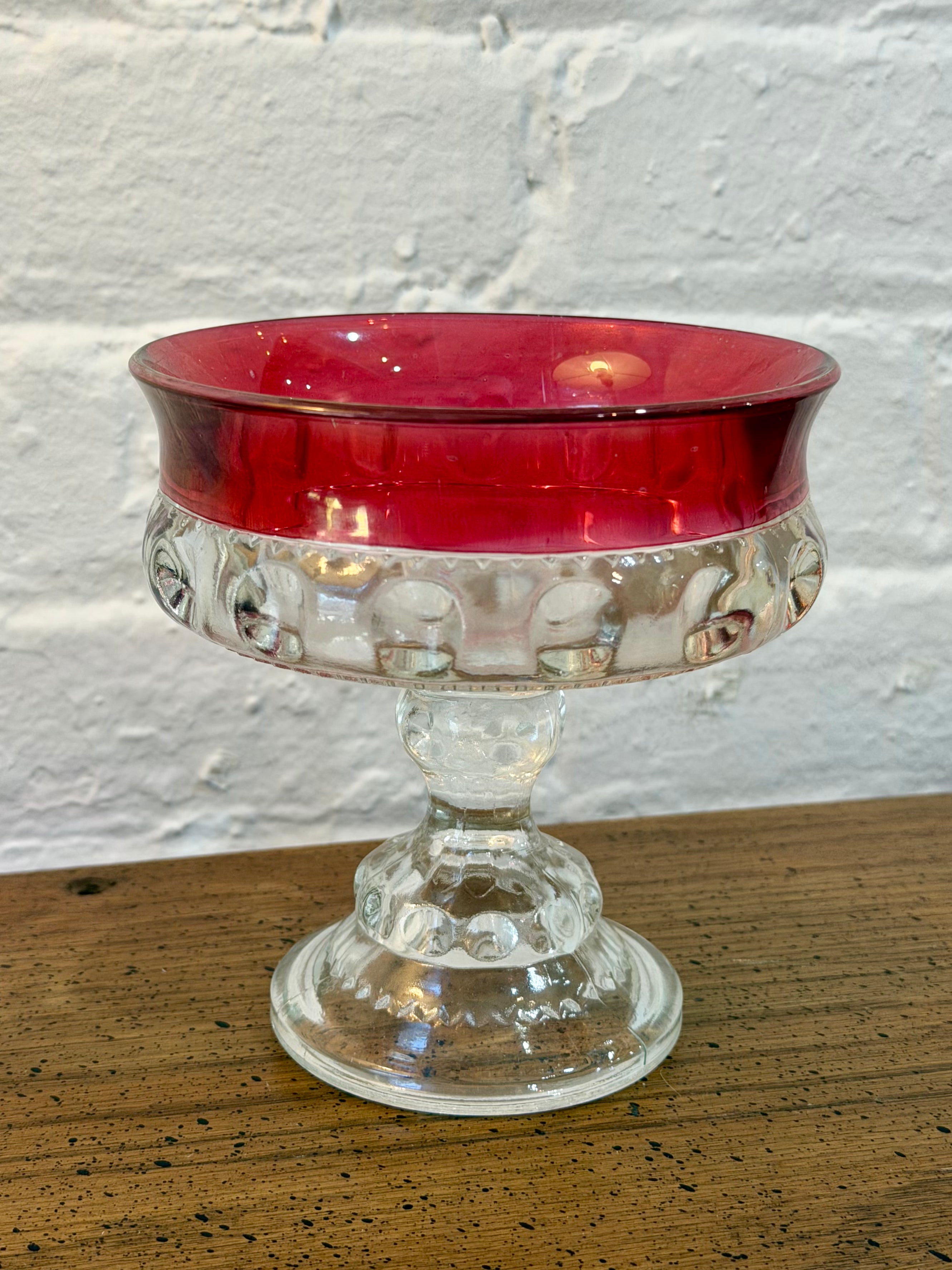 Cranberry Rim Thumbprint Pedestal Glass Compote
