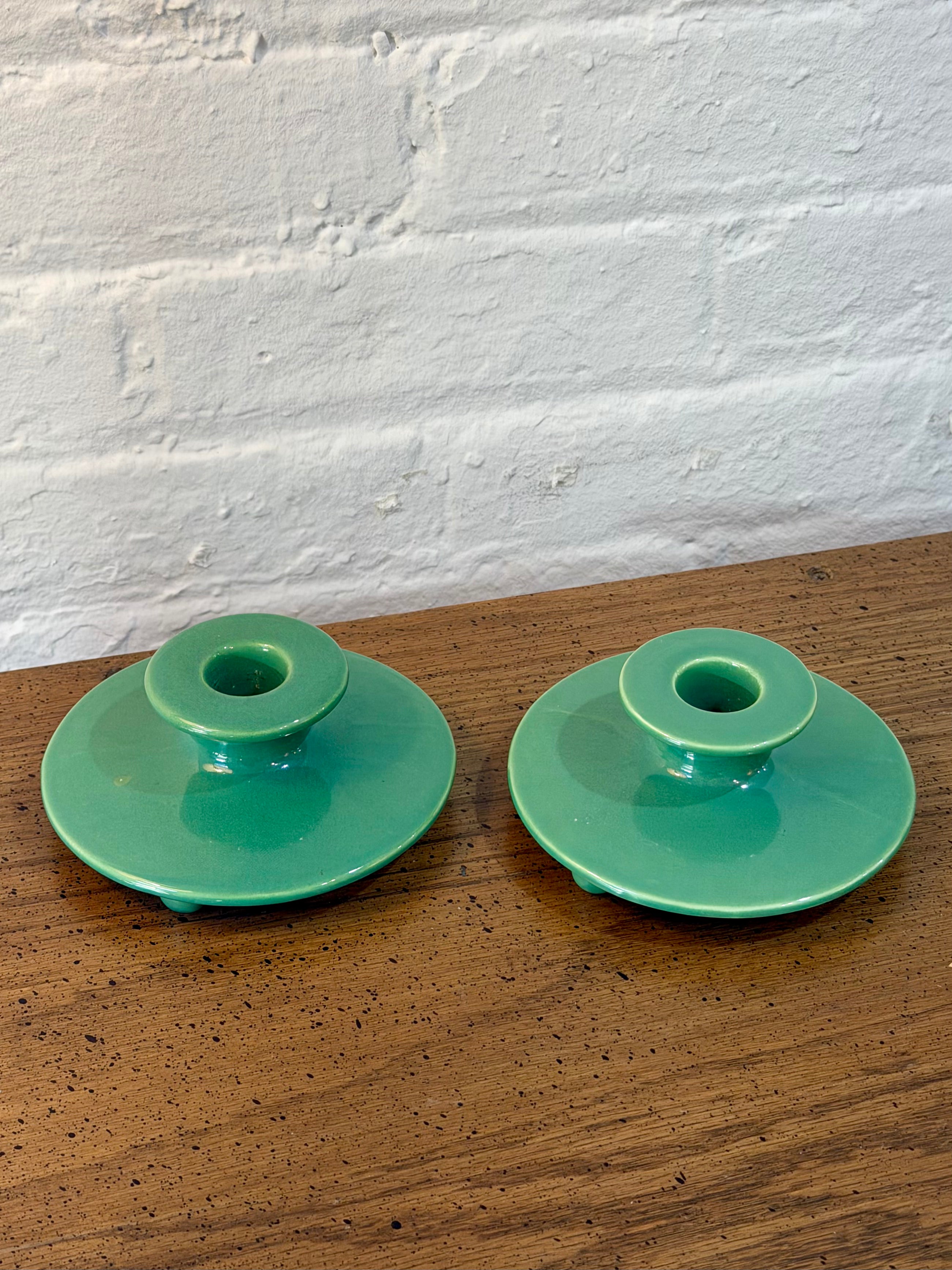 Pair of Ceramic Green Candle Holders