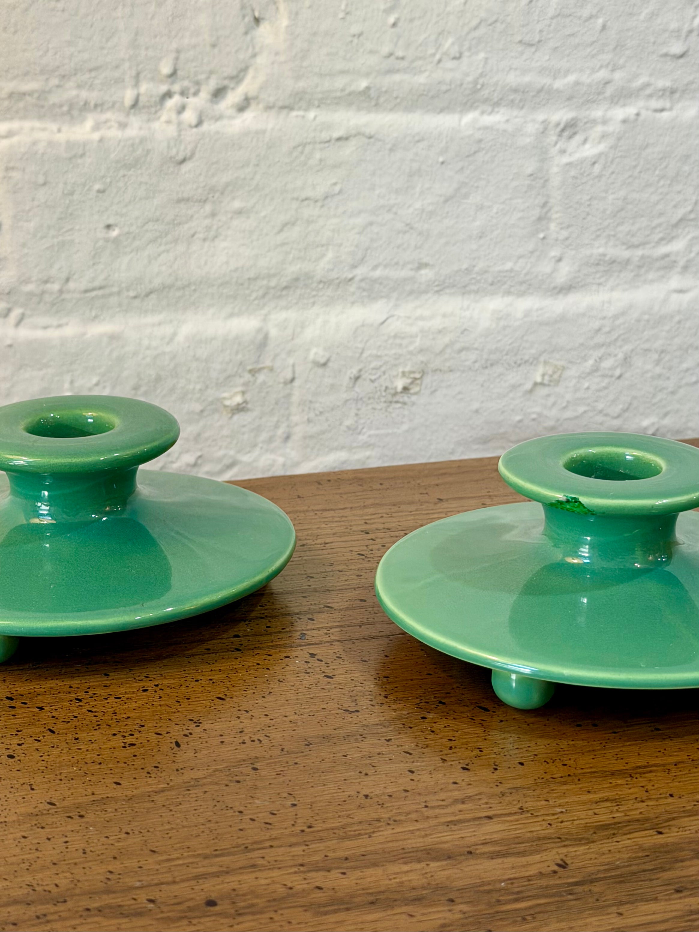 Pair of Ceramic Green Candle Holders
