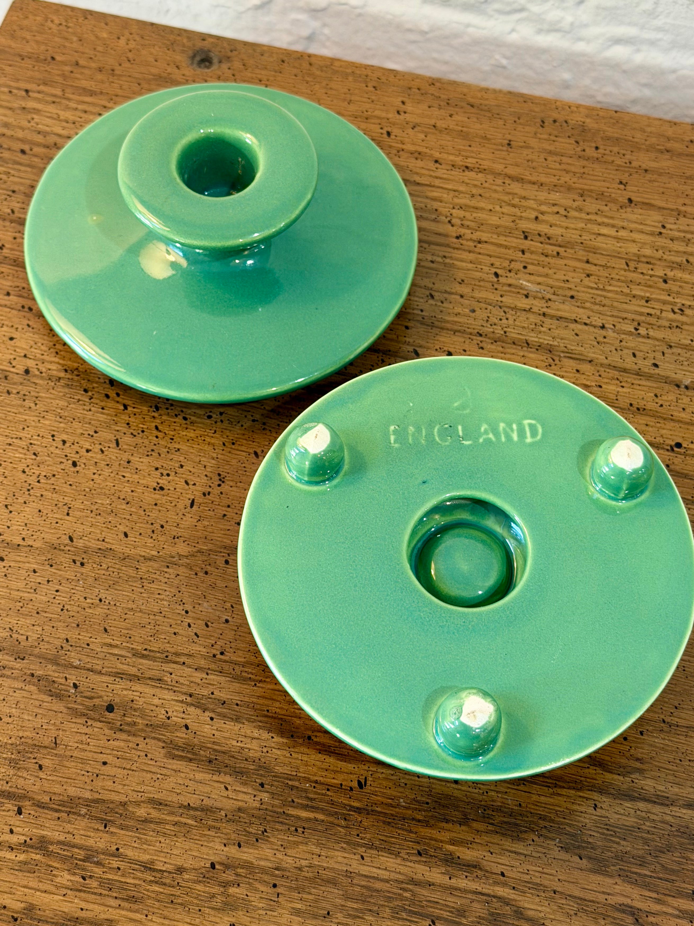 Pair of Ceramic Green Candle Holders