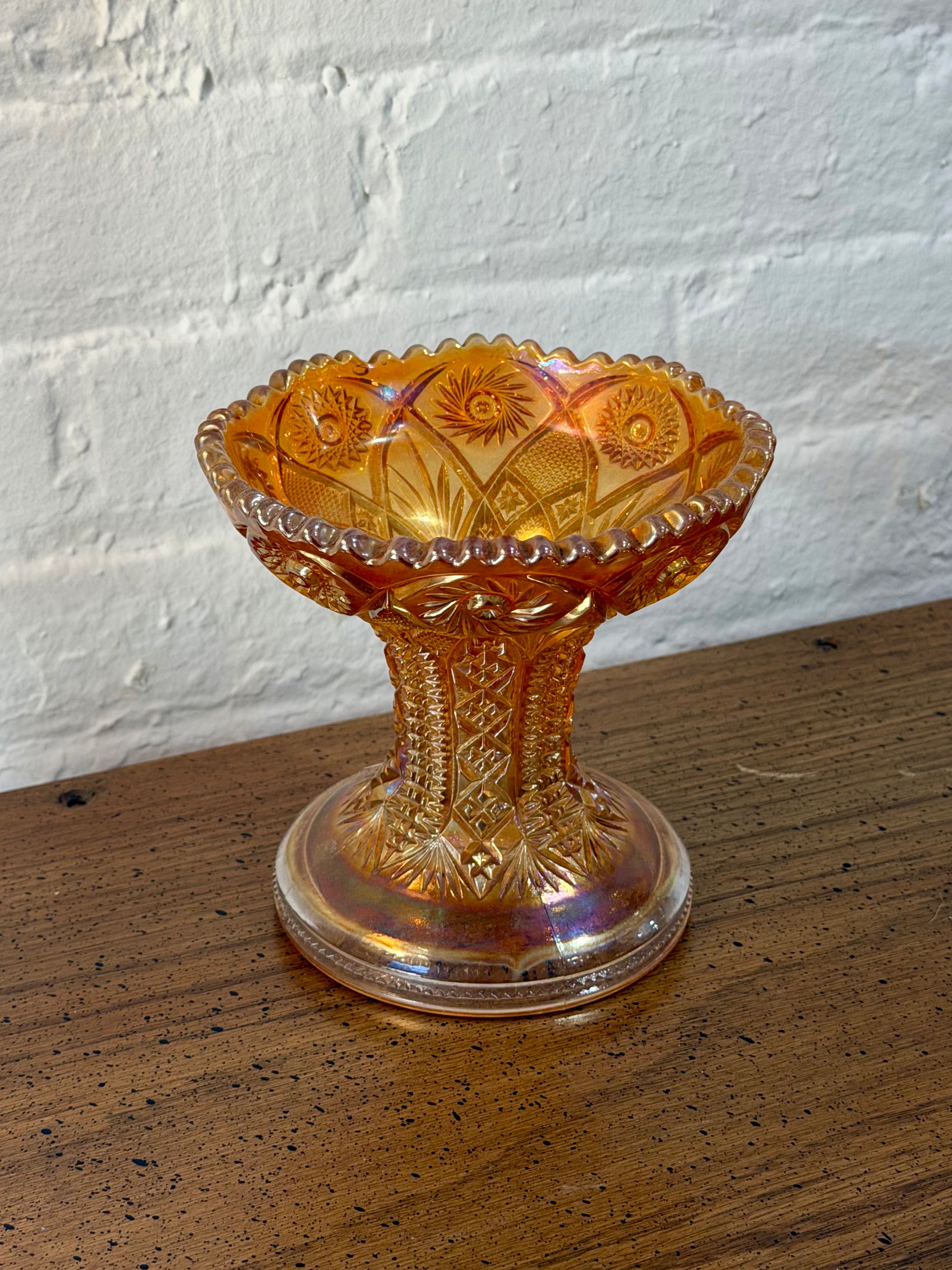 Marigold Carnival Glass Pedestal Vase