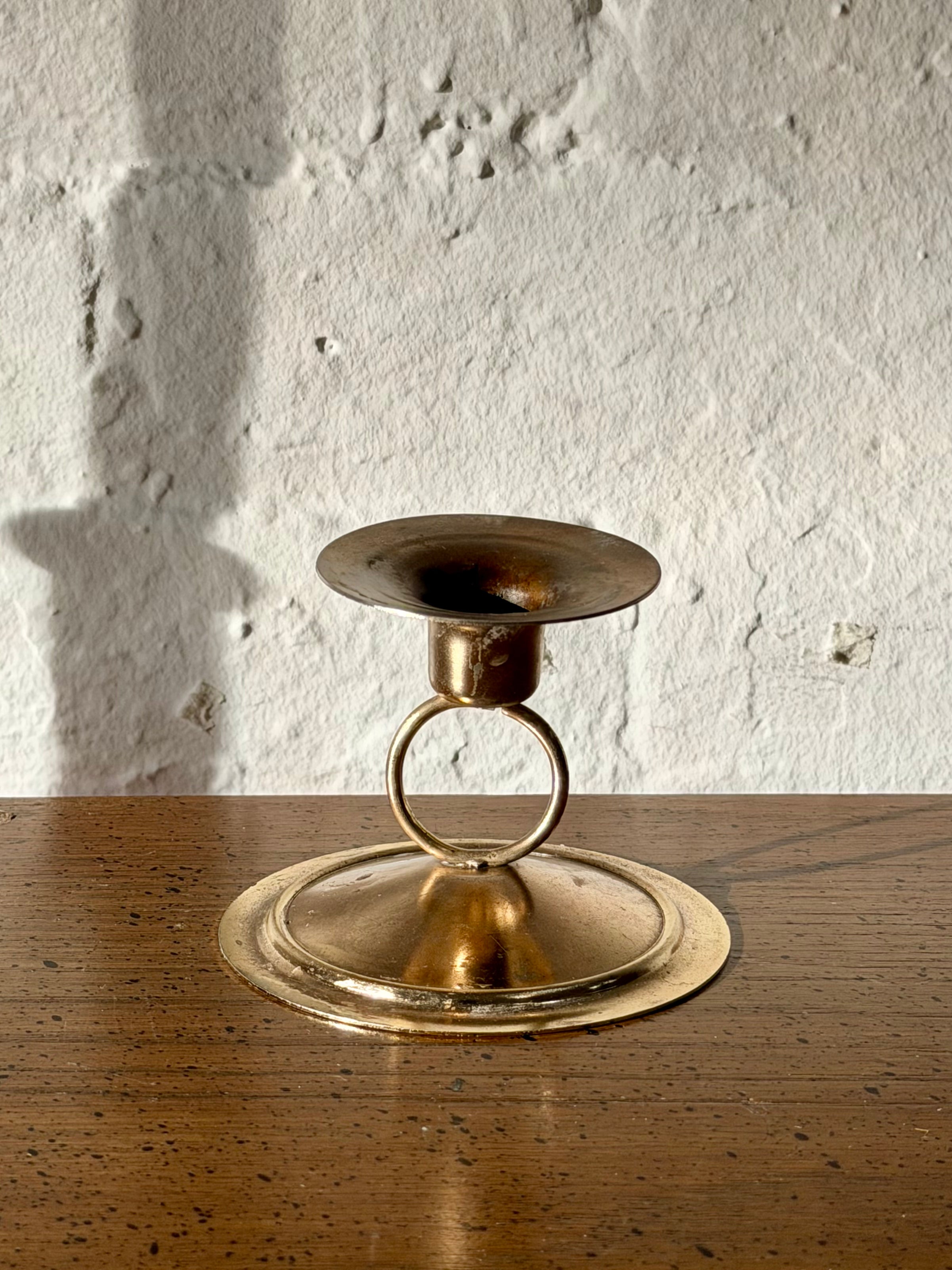 Aged Brass Ring Detail Candlestick Holder