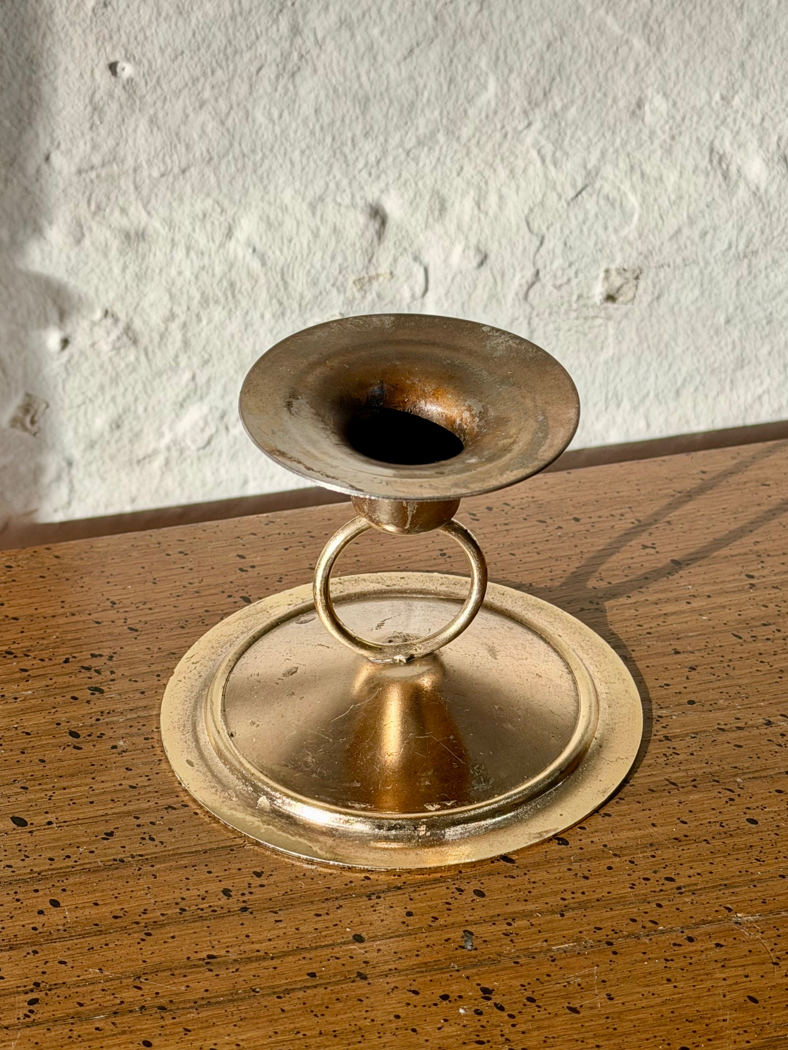 Aged Brass Ring Detail Candlestick Holder